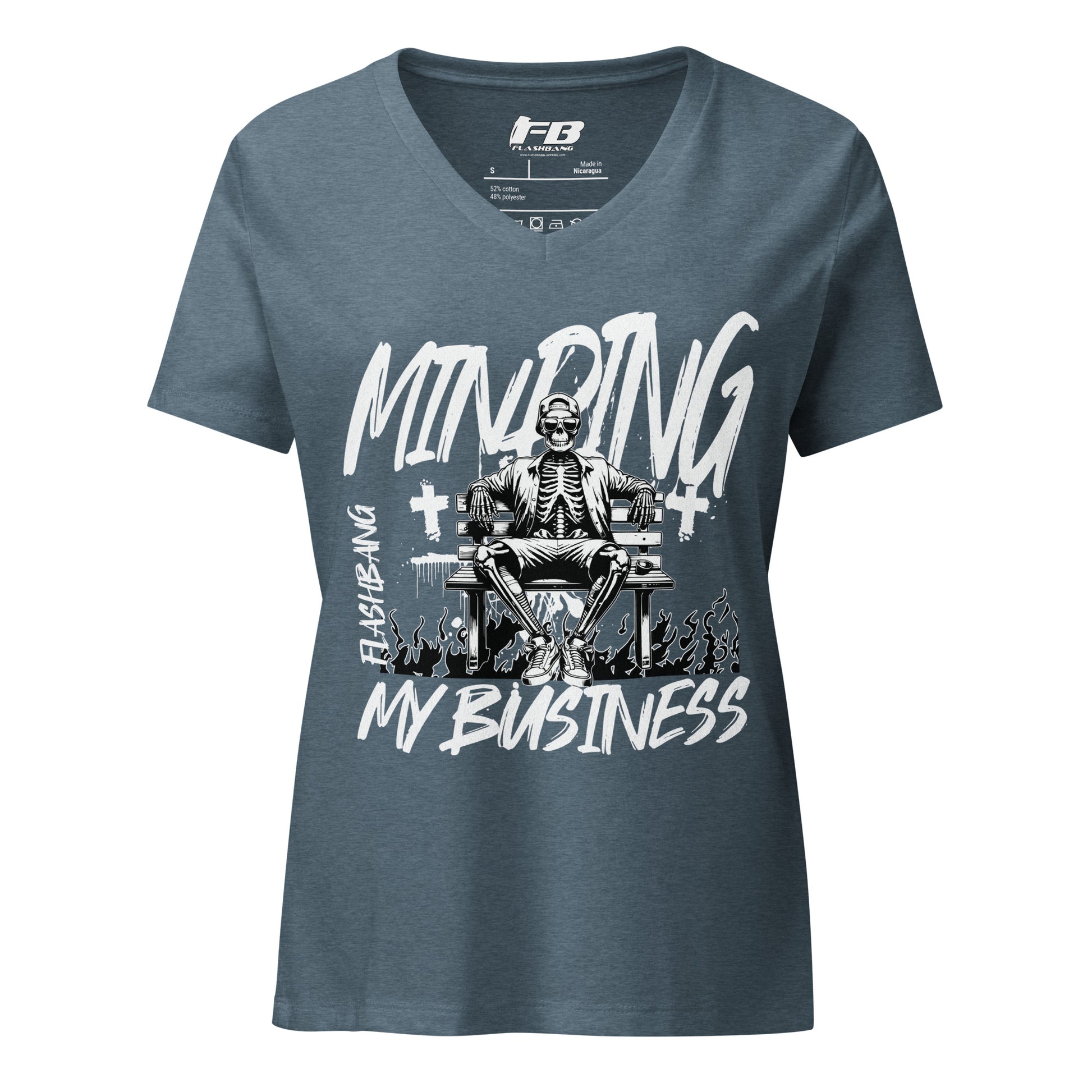 Blue t-shirt with skeleton graphic and text on a white background