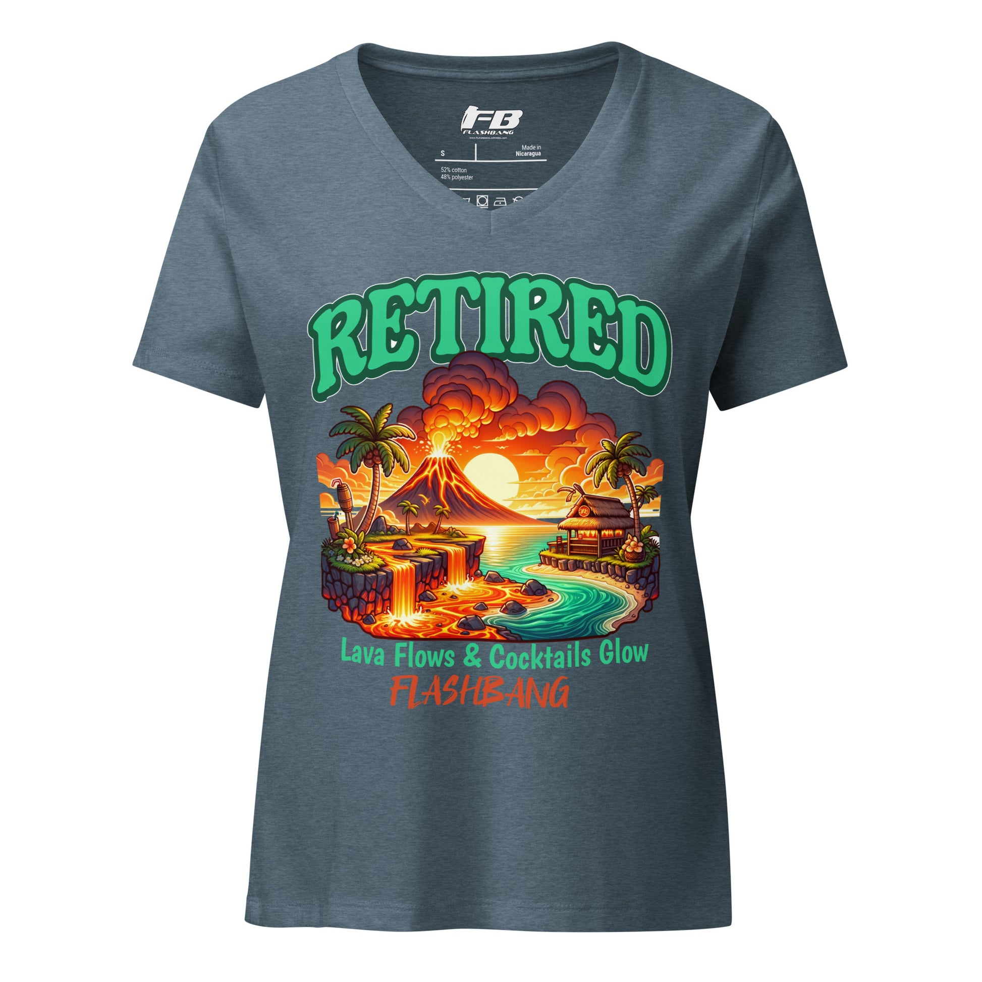 Gray t-shirt with a colorful graphic design and text on a white background