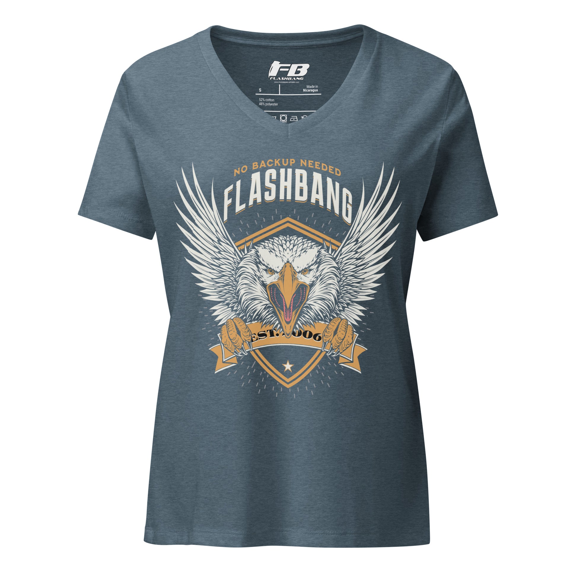 Blue t-shirt with 'Flashbang' graphic design on a white background