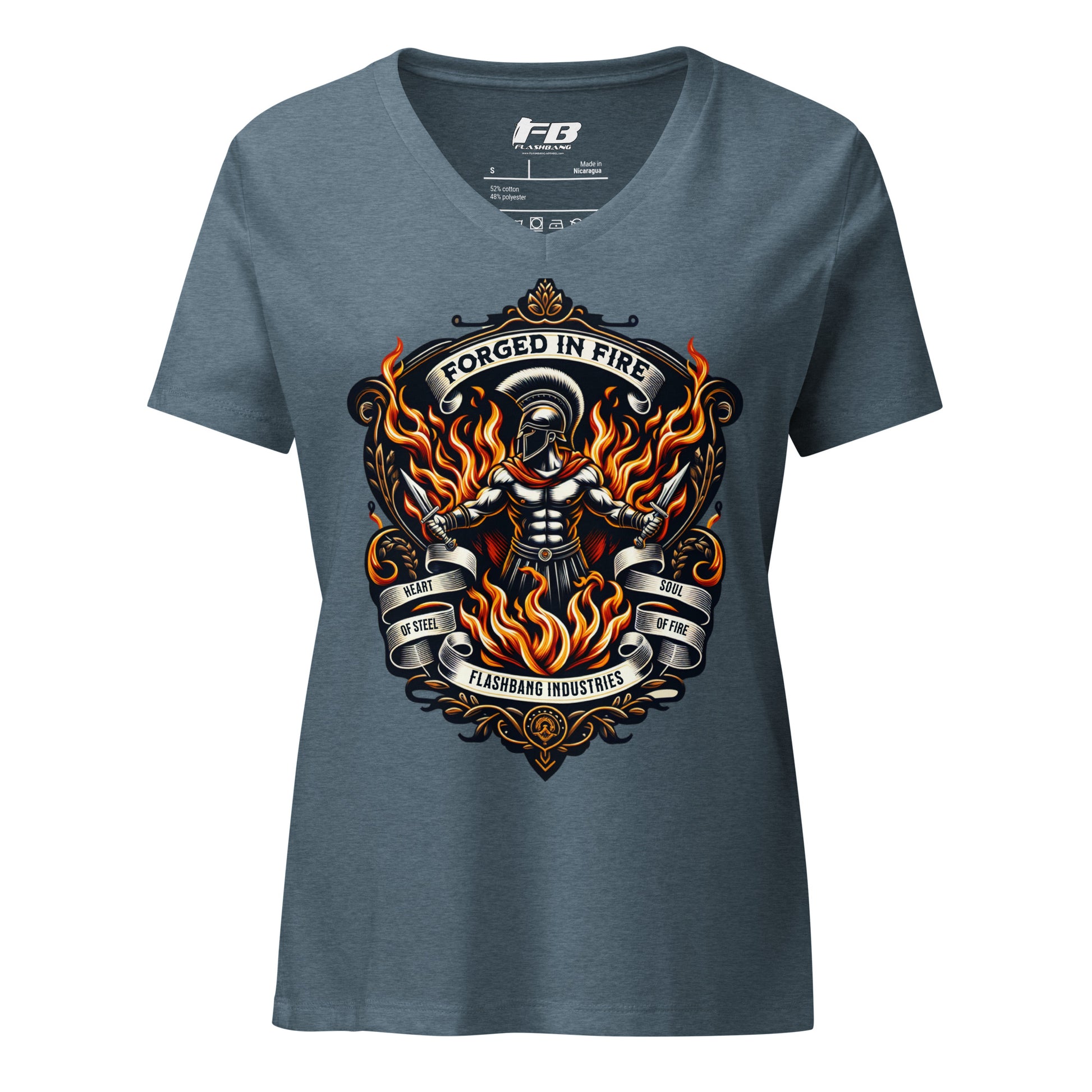 Gray t-shirt with a graphic design featuring flames and text on a white background