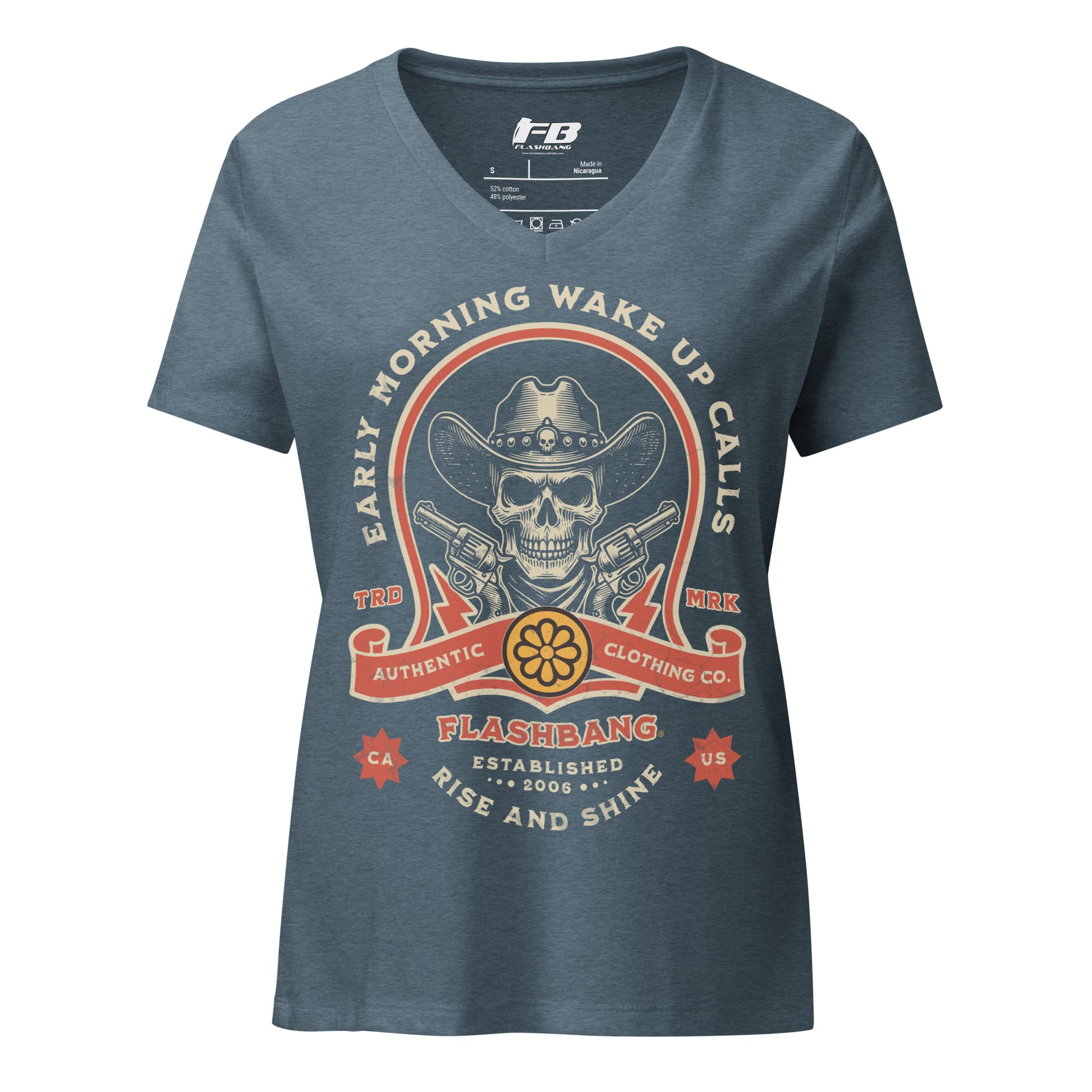 Blue t-shirt with a graphic design featuring a skull, cowboy hat, and text on a white background.
