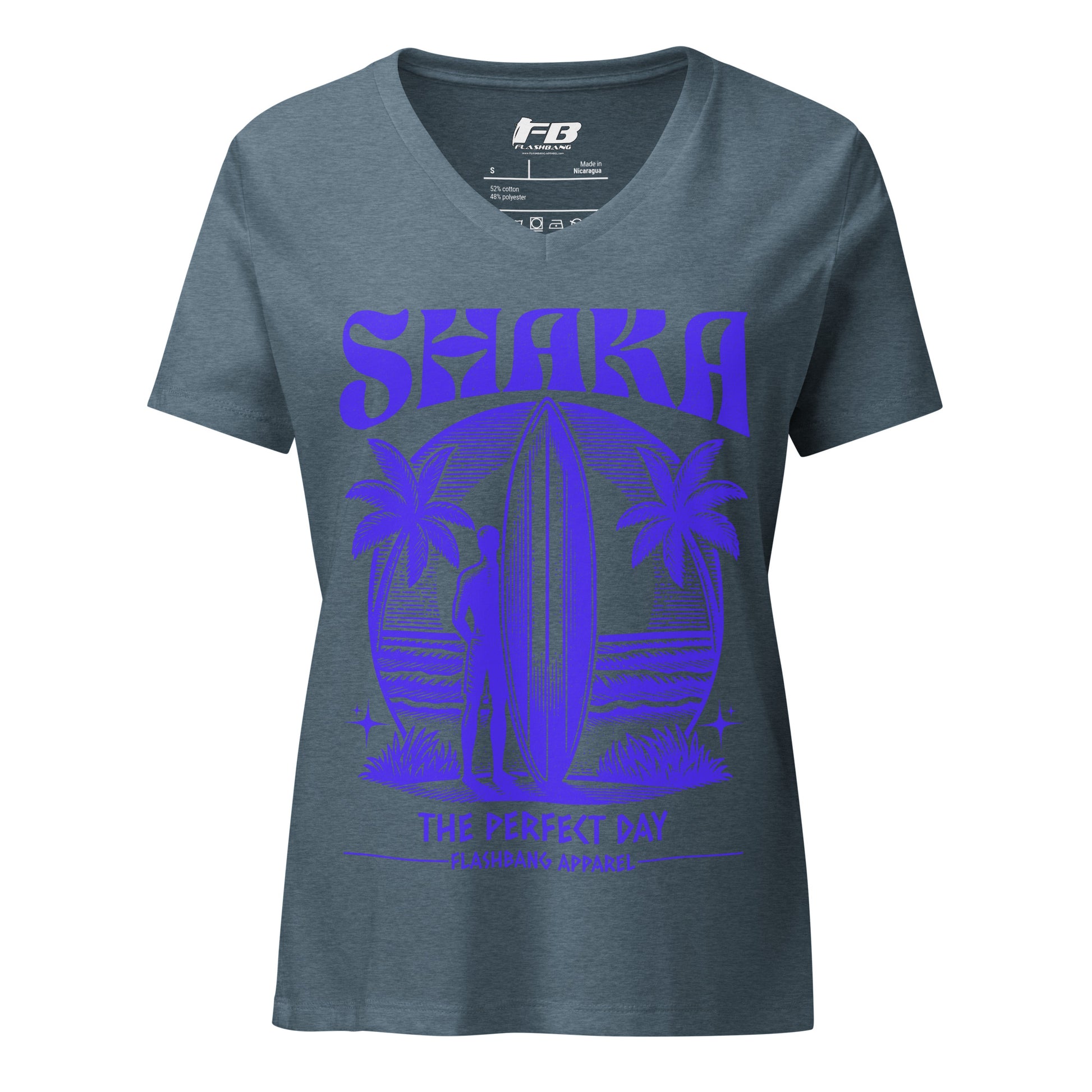 Gray t-shirt with purple 'Shaka' graphic design on a white background