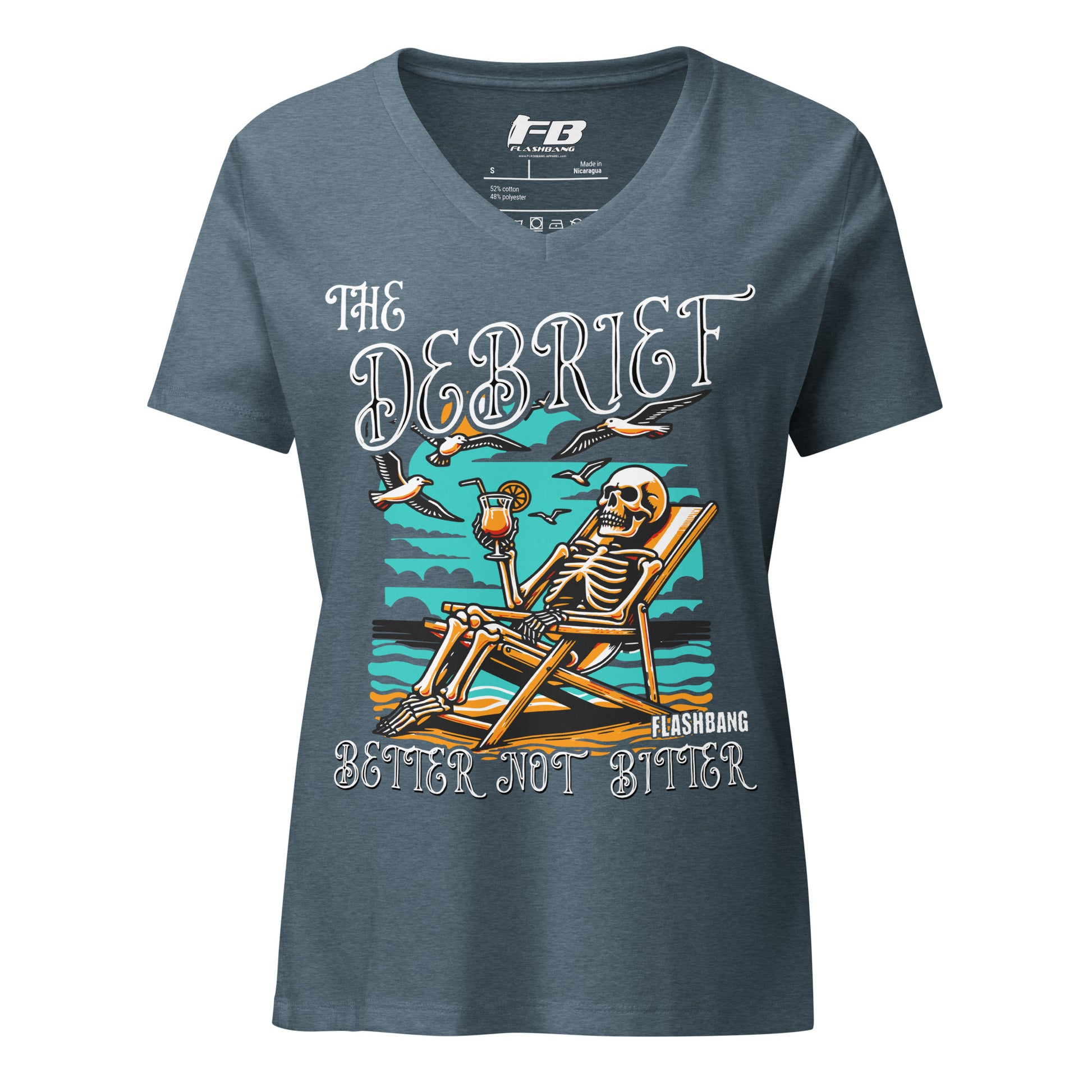 Gray t-shirt with skeleton design and text on a white background