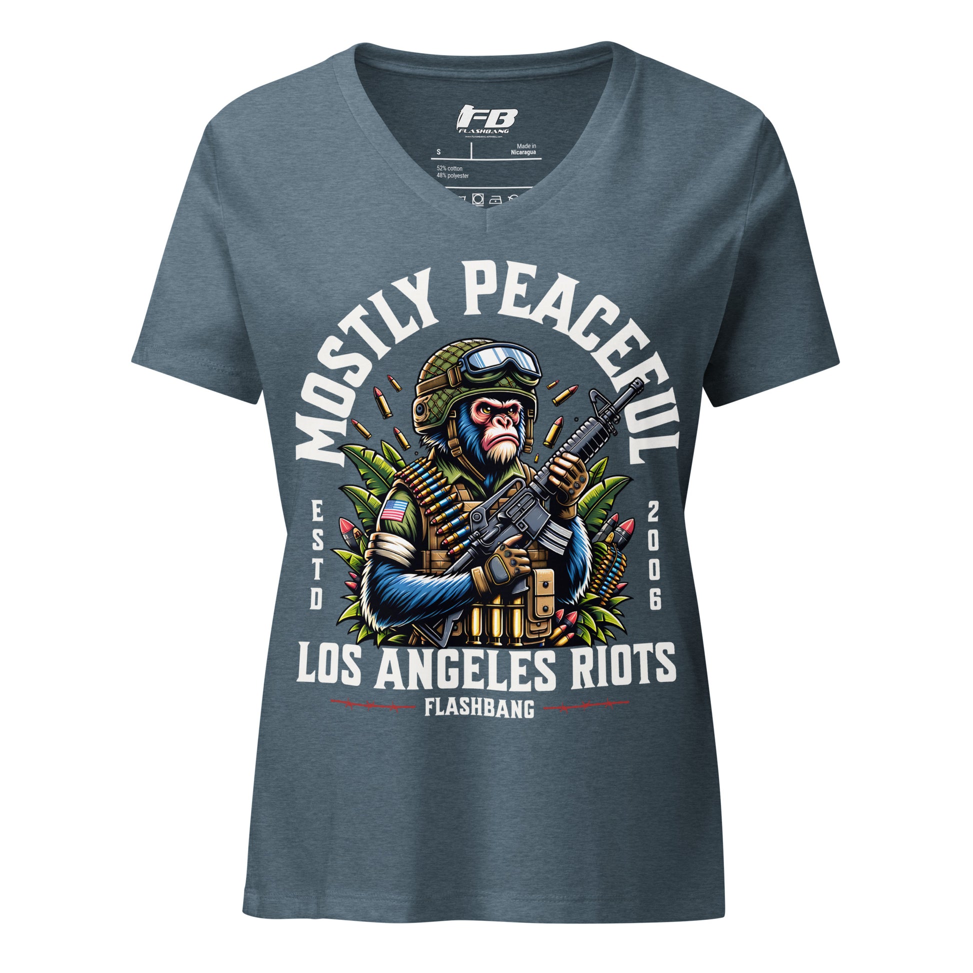Blue t-shirt with a graphic design of a monkey holding a gun and text on a white background