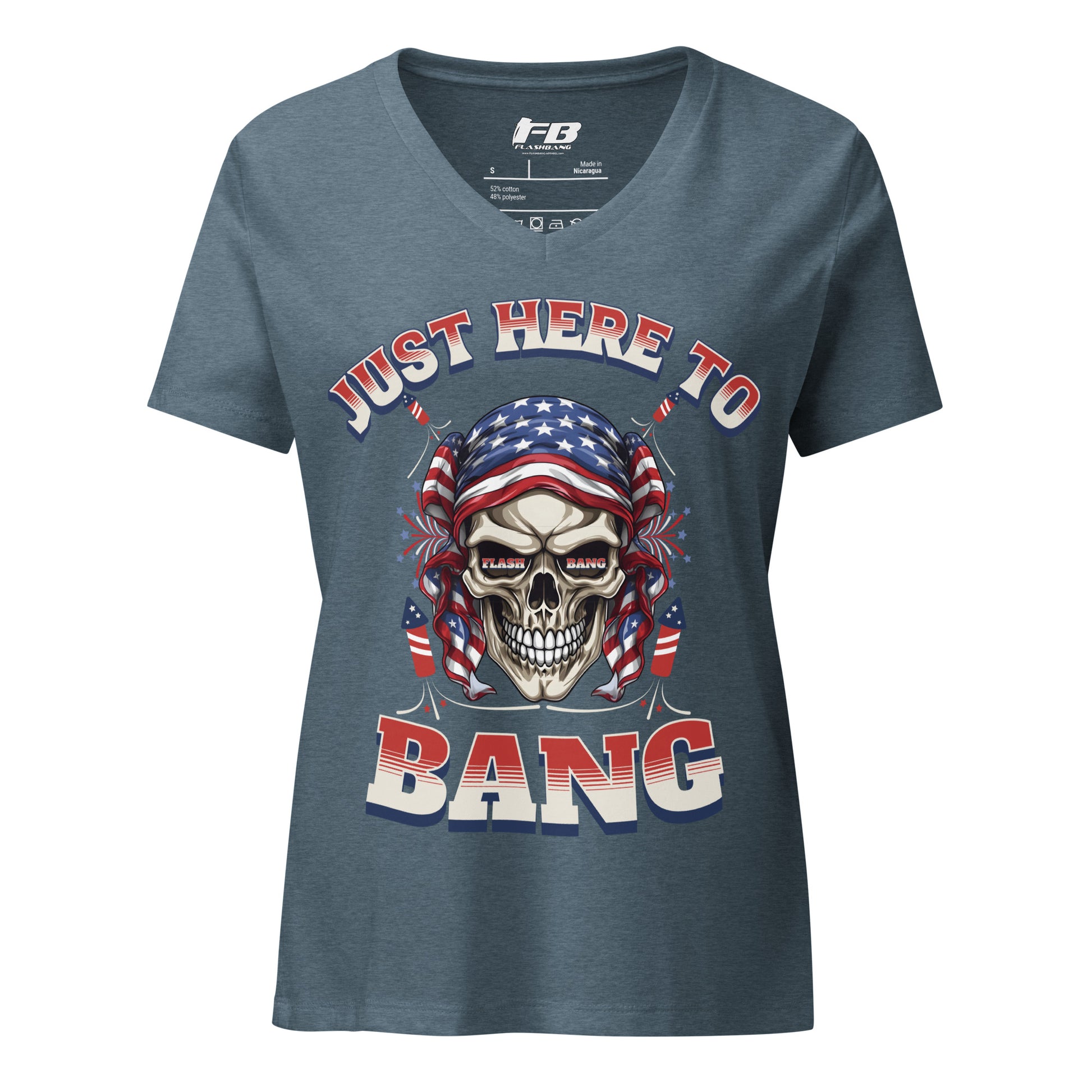 Blue t-shirt with a skull graphic and text 'Just Here To Bang' featuring American flag design on a white background.