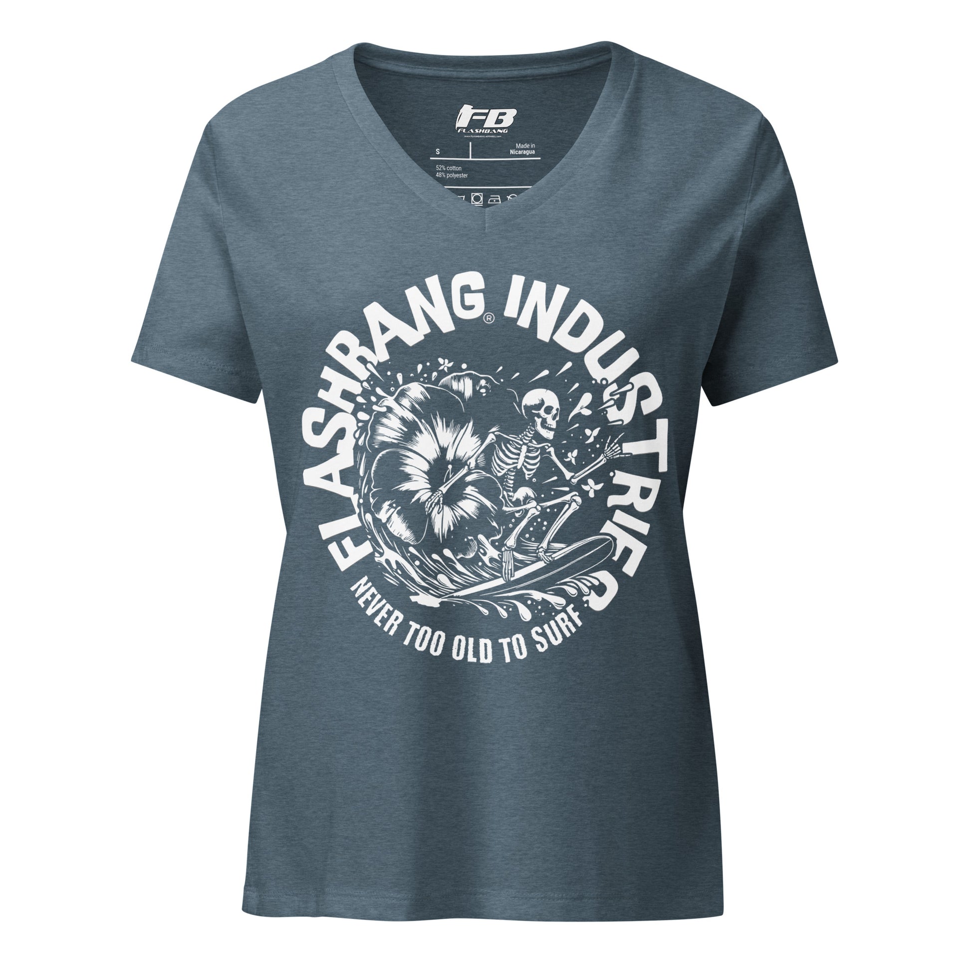 Blue t-shirt with white graphic and text on a white background