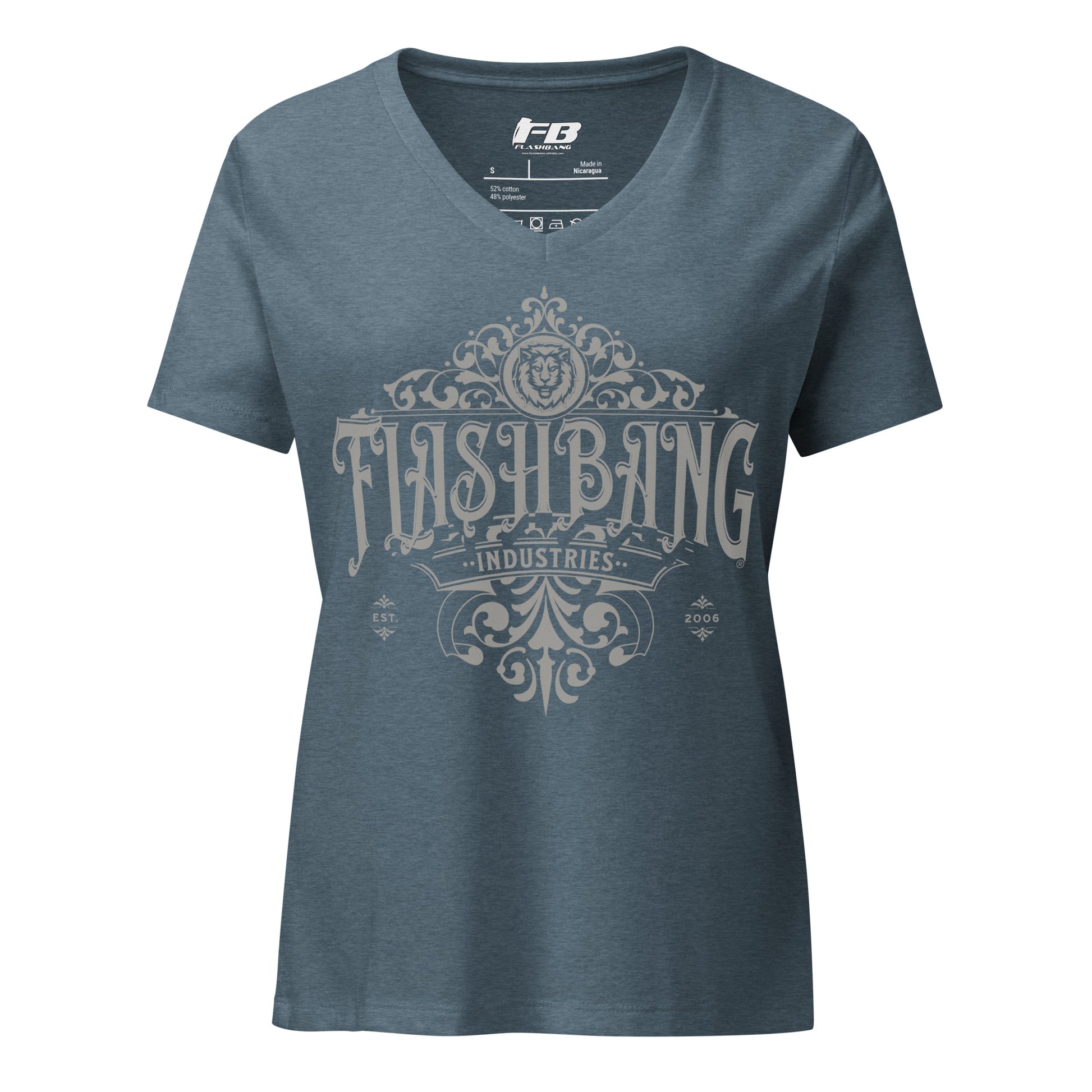 Blue t-shirt with 'Flashbang Industries' graphic design on a white background