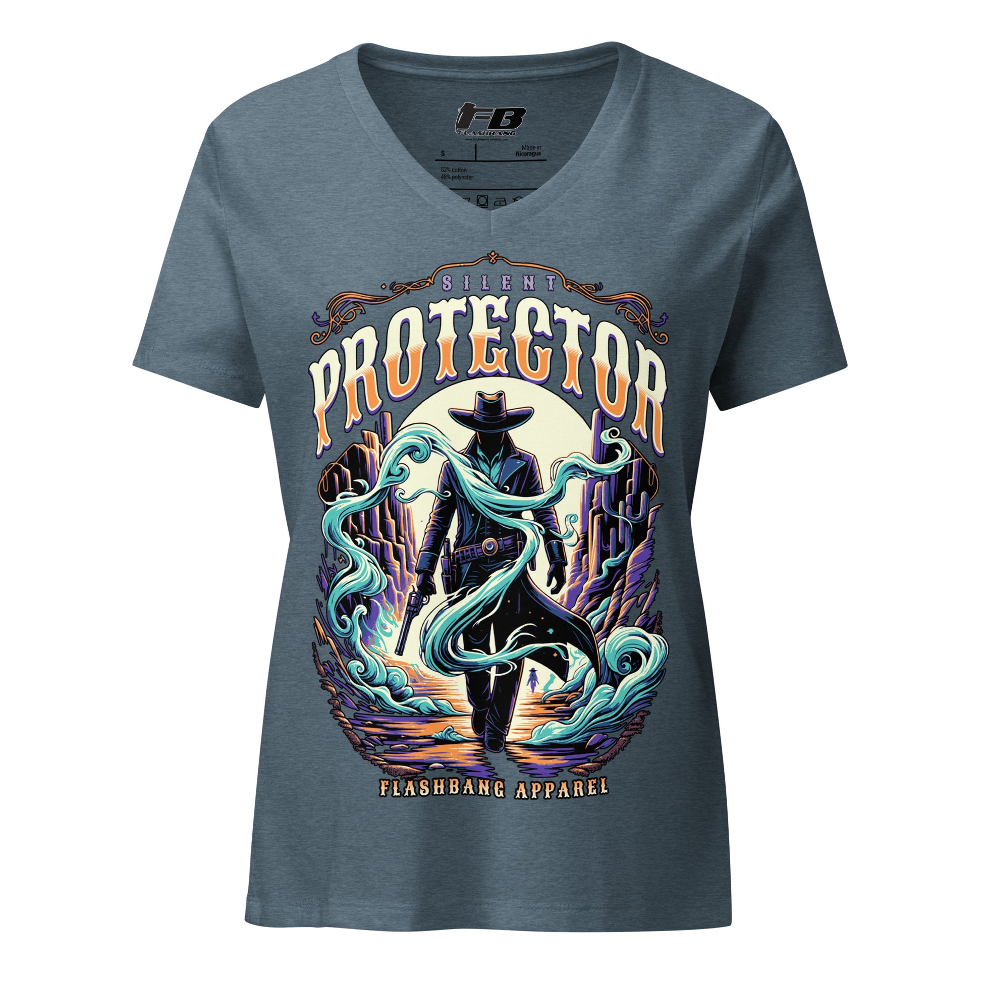 Gray t-shirt with a graphic design featuring a silhouette of a person in a hat and text 'Silent Protector' on a white background.