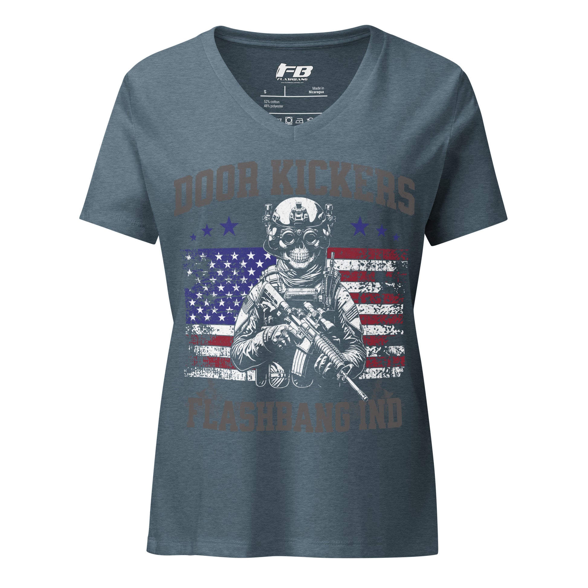 Blue t-shirt with graphic design featuring a skull, American flag, and text on a white background
