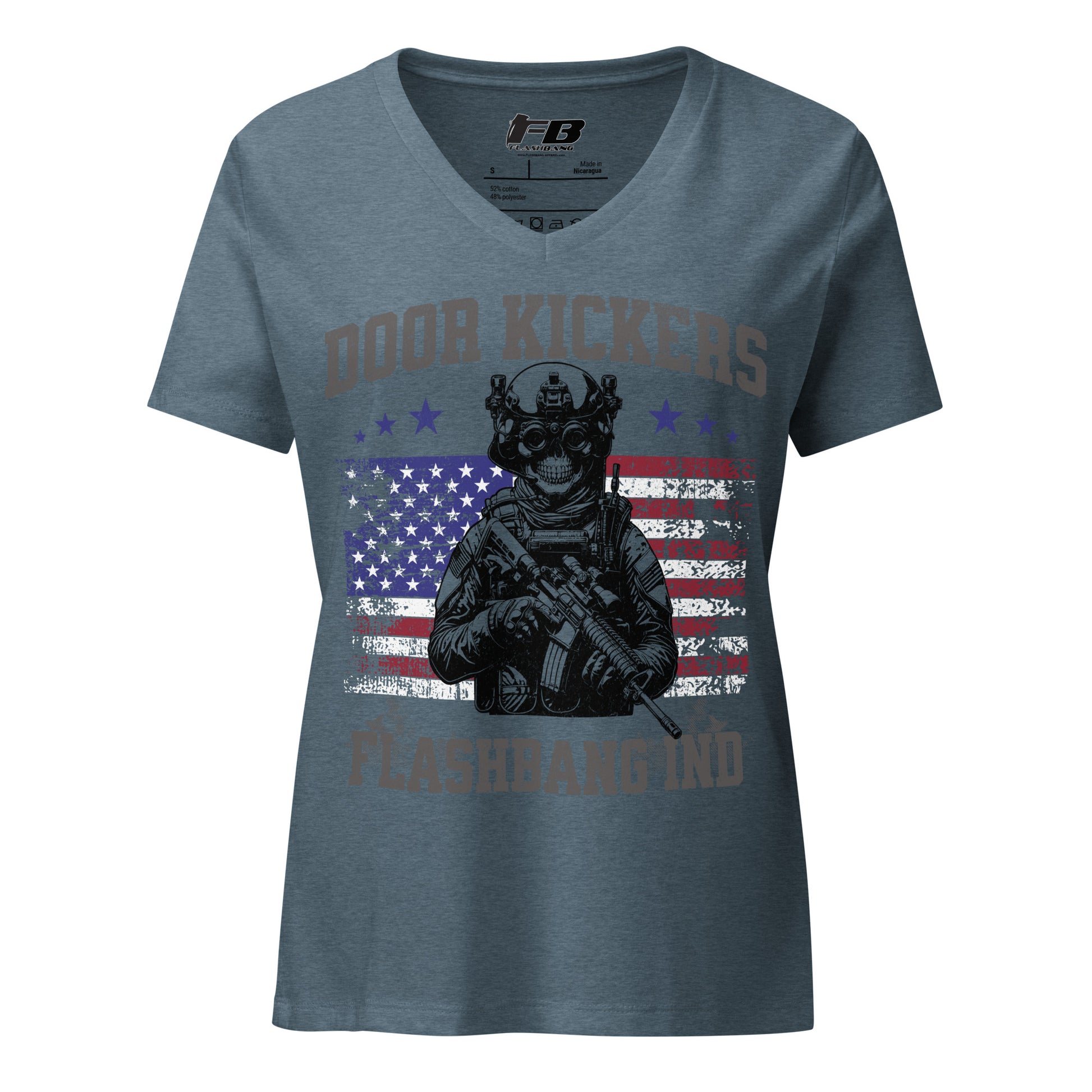 Blue t-shirt with graphic design of a soldier and American flag on a white background