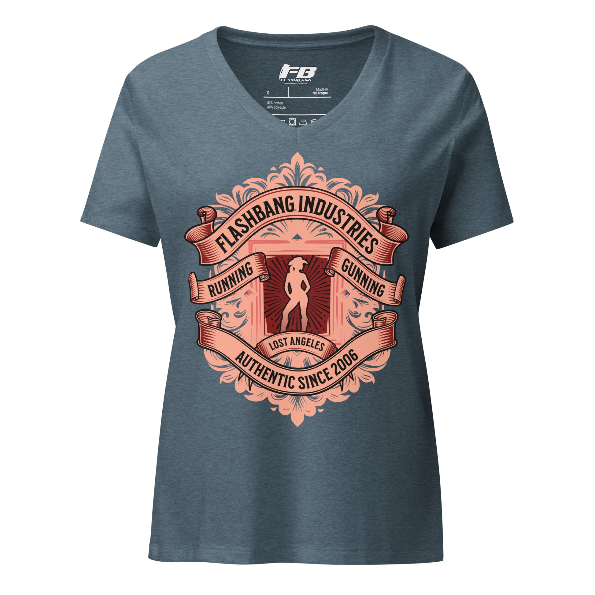 Blue t-shirt with 'Flashbang Industries' graphic design on a white background