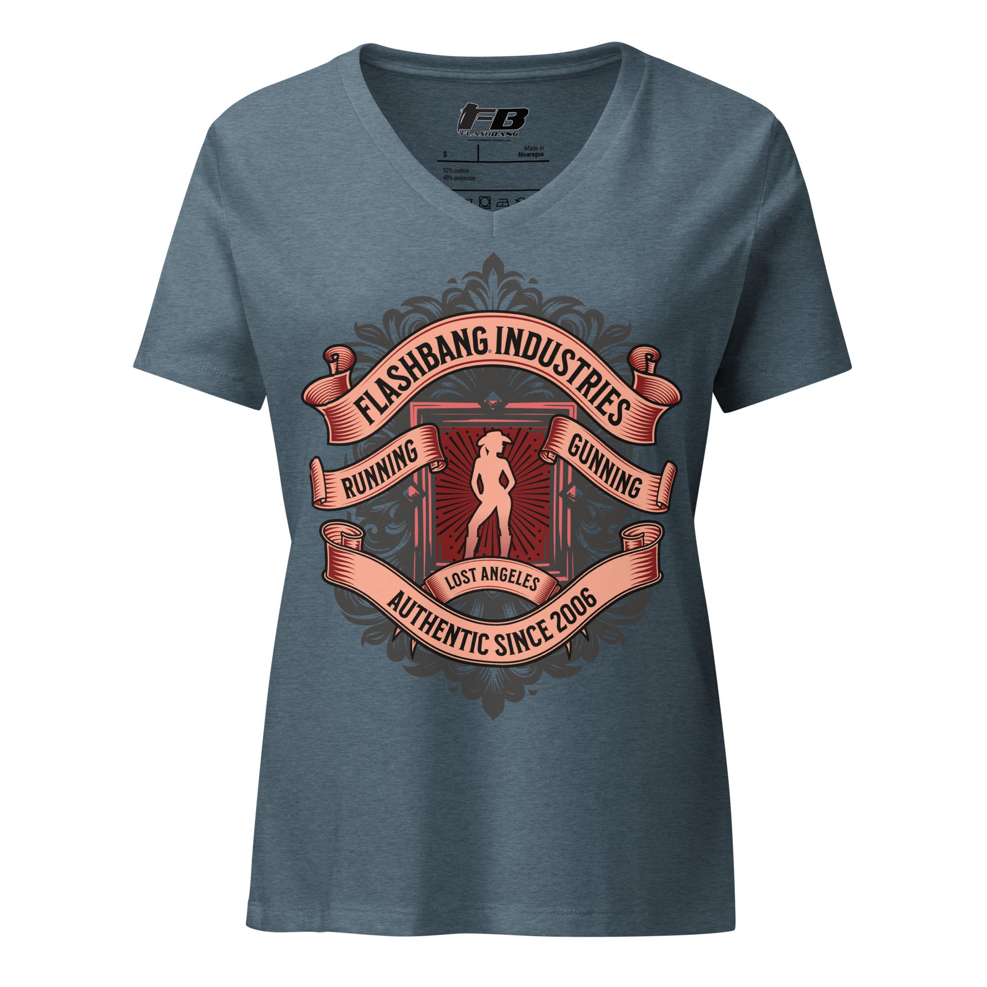 Blue t-shirt with graphic design and text on a white background