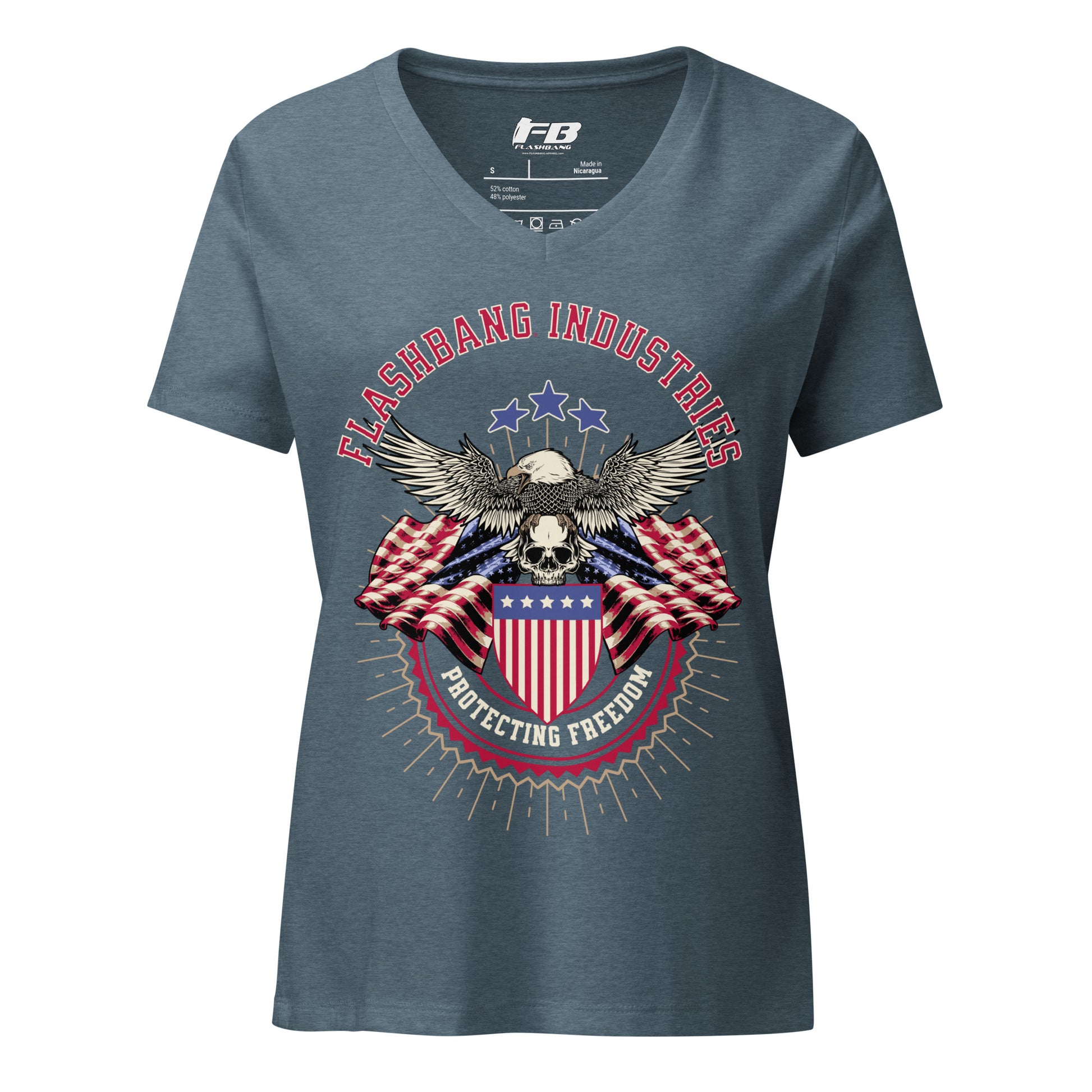 Blue t-shirt with 'Flashbang Industries' graphic design featuring an eagle and American flag on a white background.