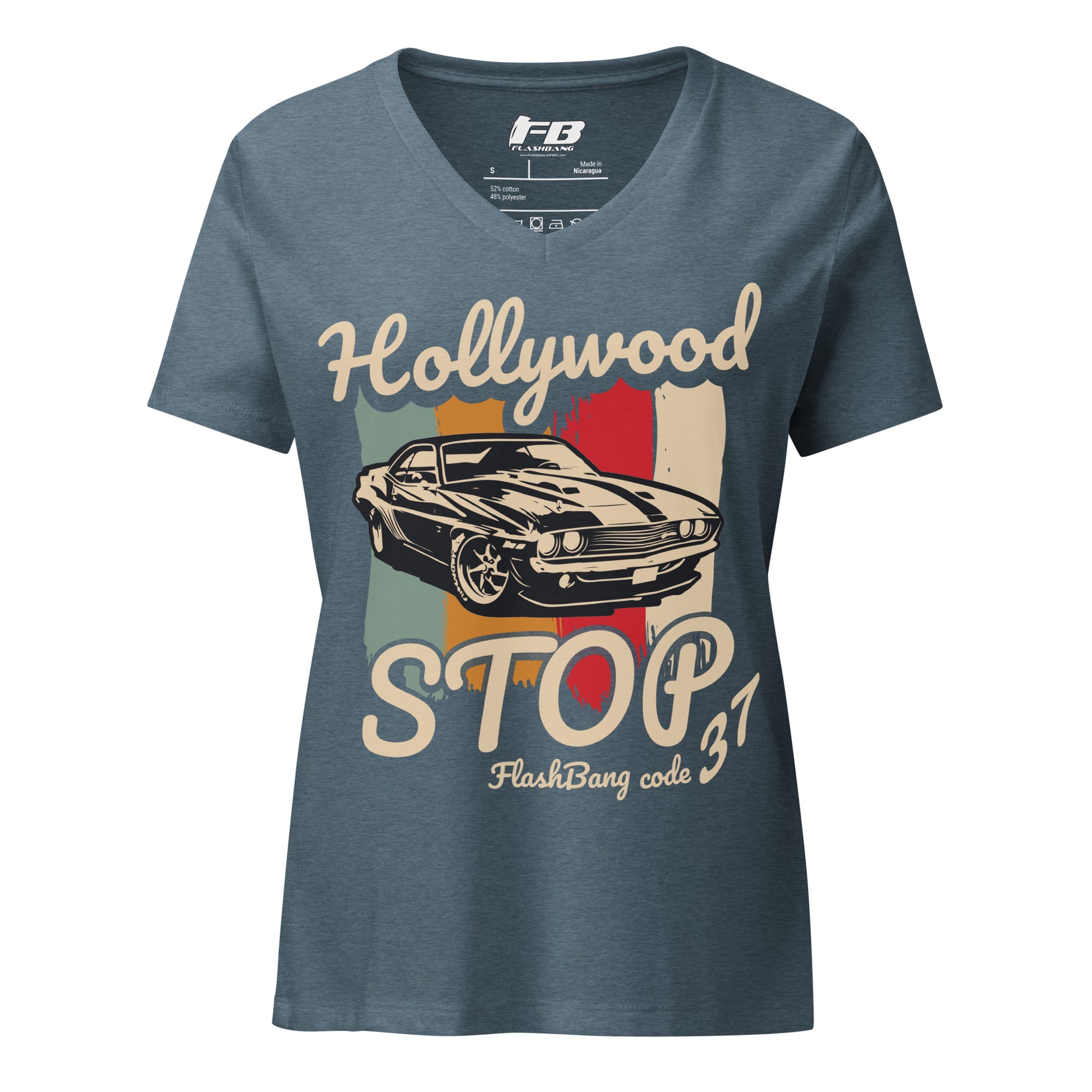 Blue t-shirt with vintage car graphic and text on a white background