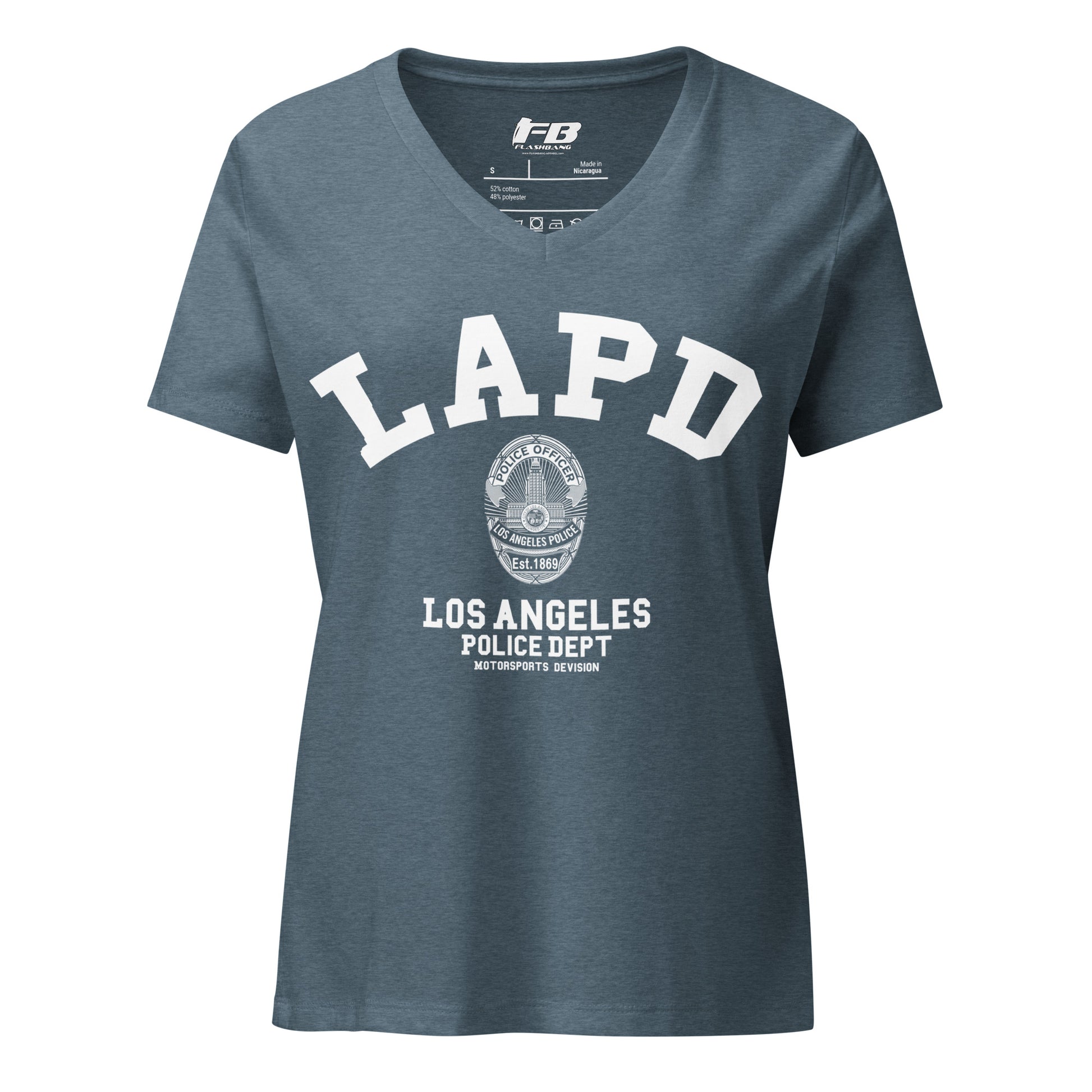 Blue t-shirt with LAPD Los Angeles Police Dept logo on a white background
