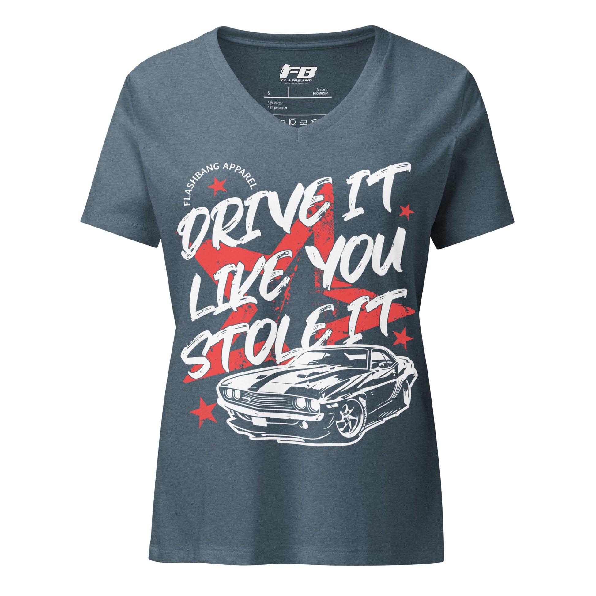 Blue t-shirt with 'Drive It Like You Stole It' graphic design on a white background