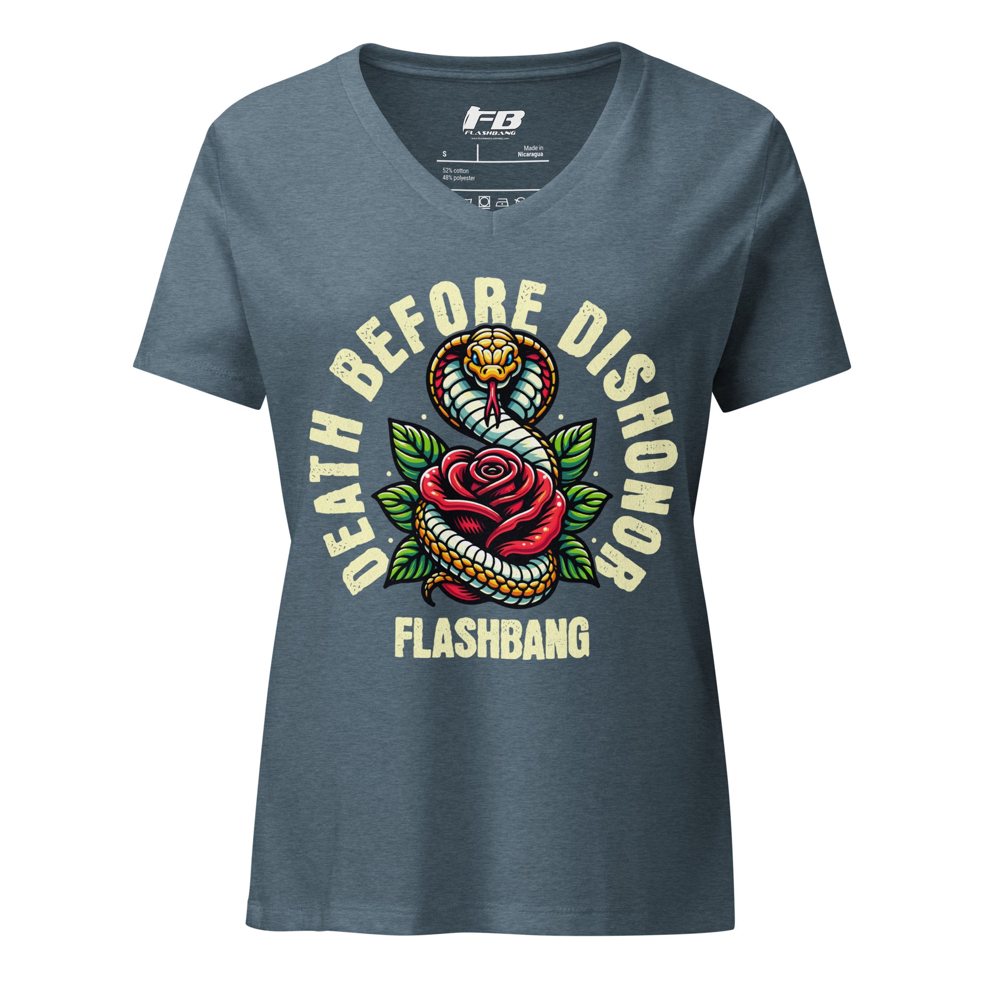 Blue t-shirt with snake and rose graphic and 'Flashbang' text on a white background