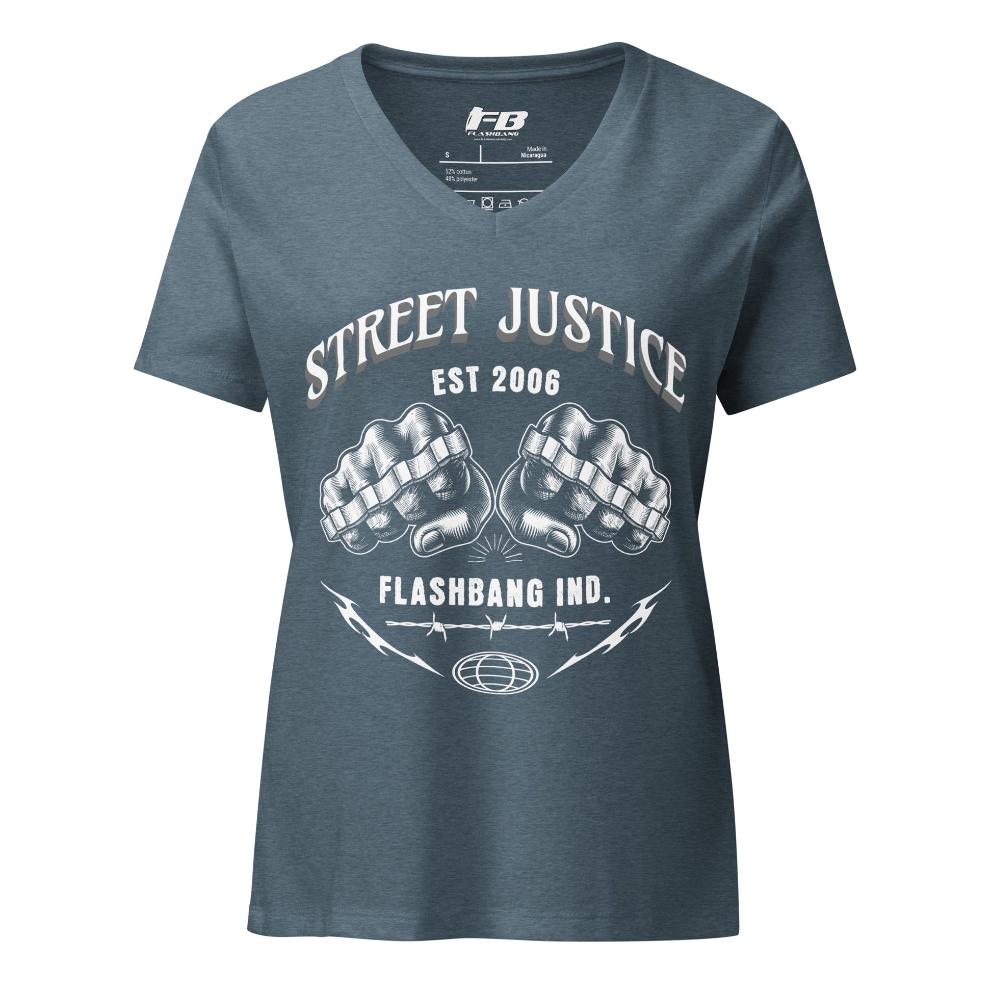 Blue t-shirt with 'Street Justice' graphic design on a white background