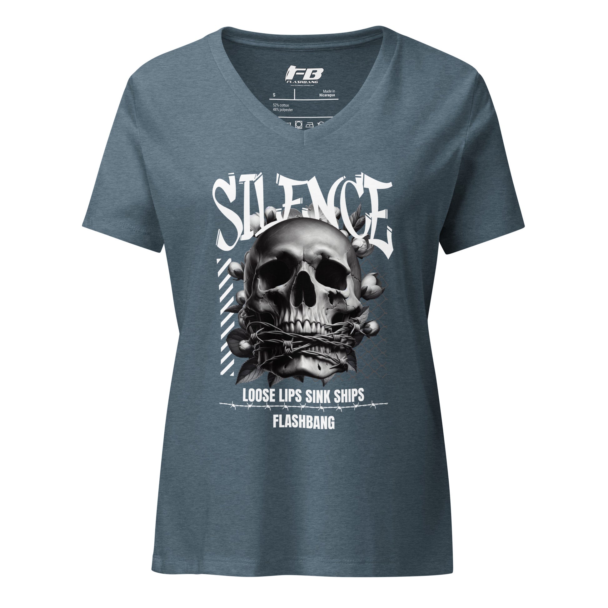Blue t-shirt with a skull graphic and text on a white background