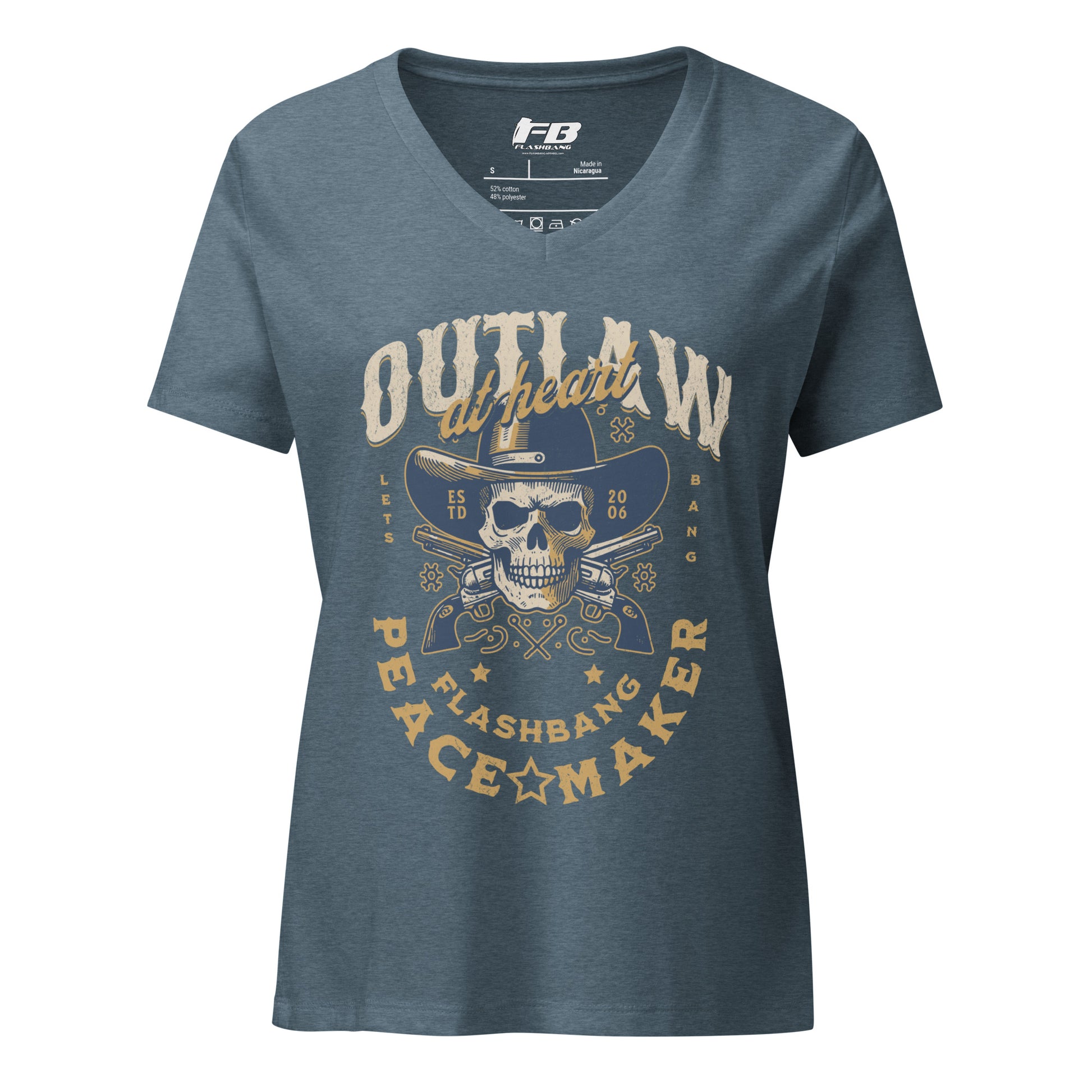 Blue t-shirt with skull and crossbones design on a white background