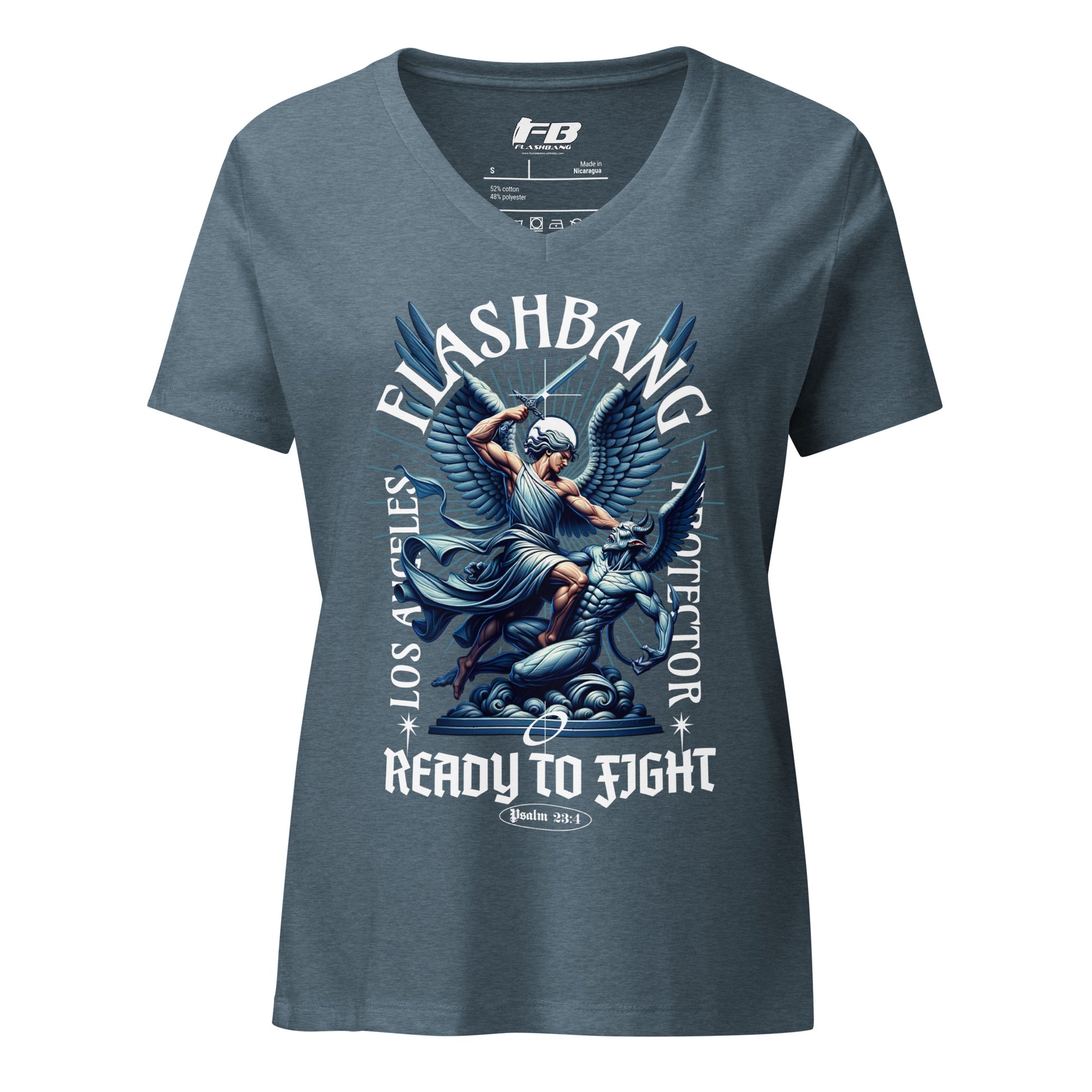 Gray t-shirt with graphic design and text on a white background