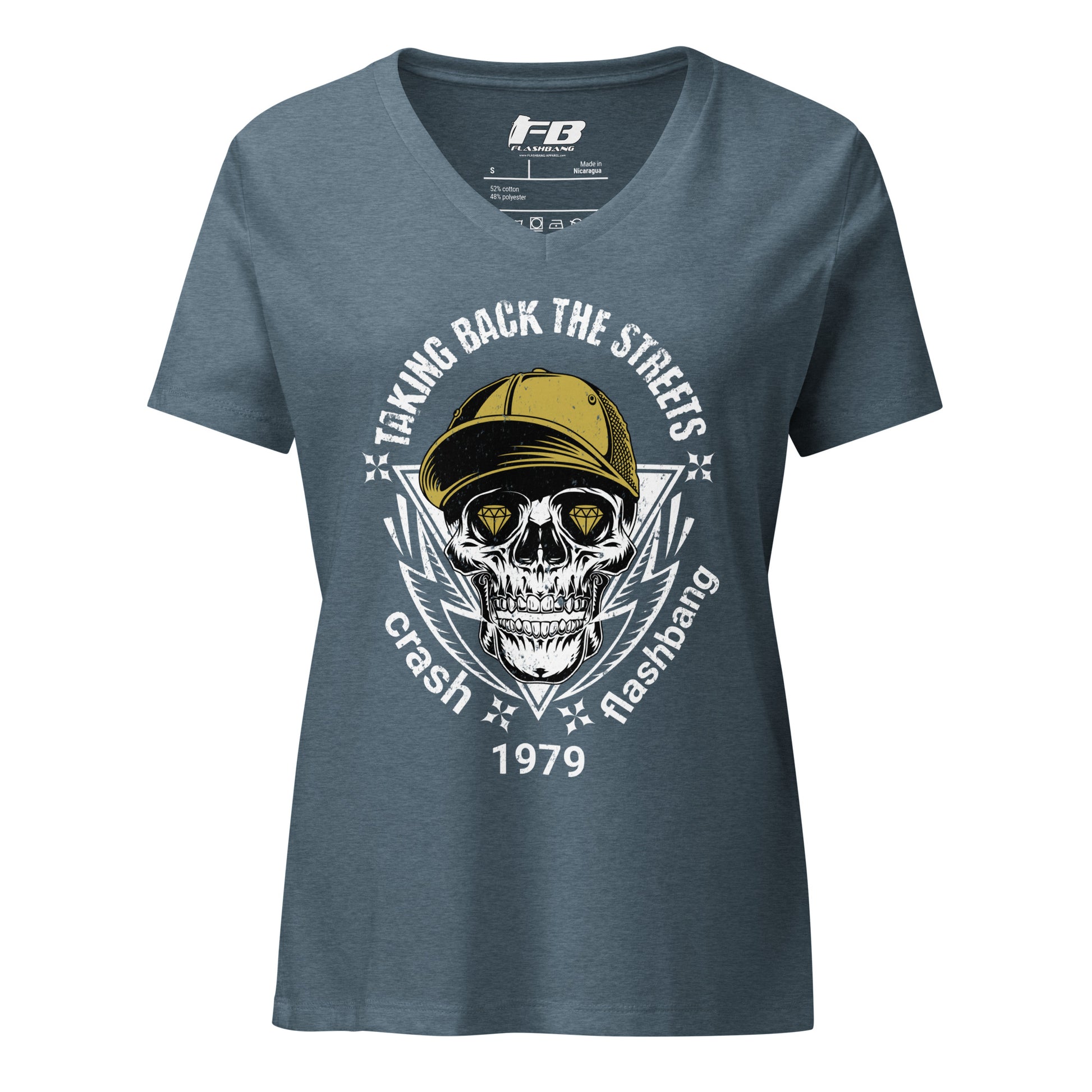 Blue t-shirt with skull and helmet graphic and text on a white background