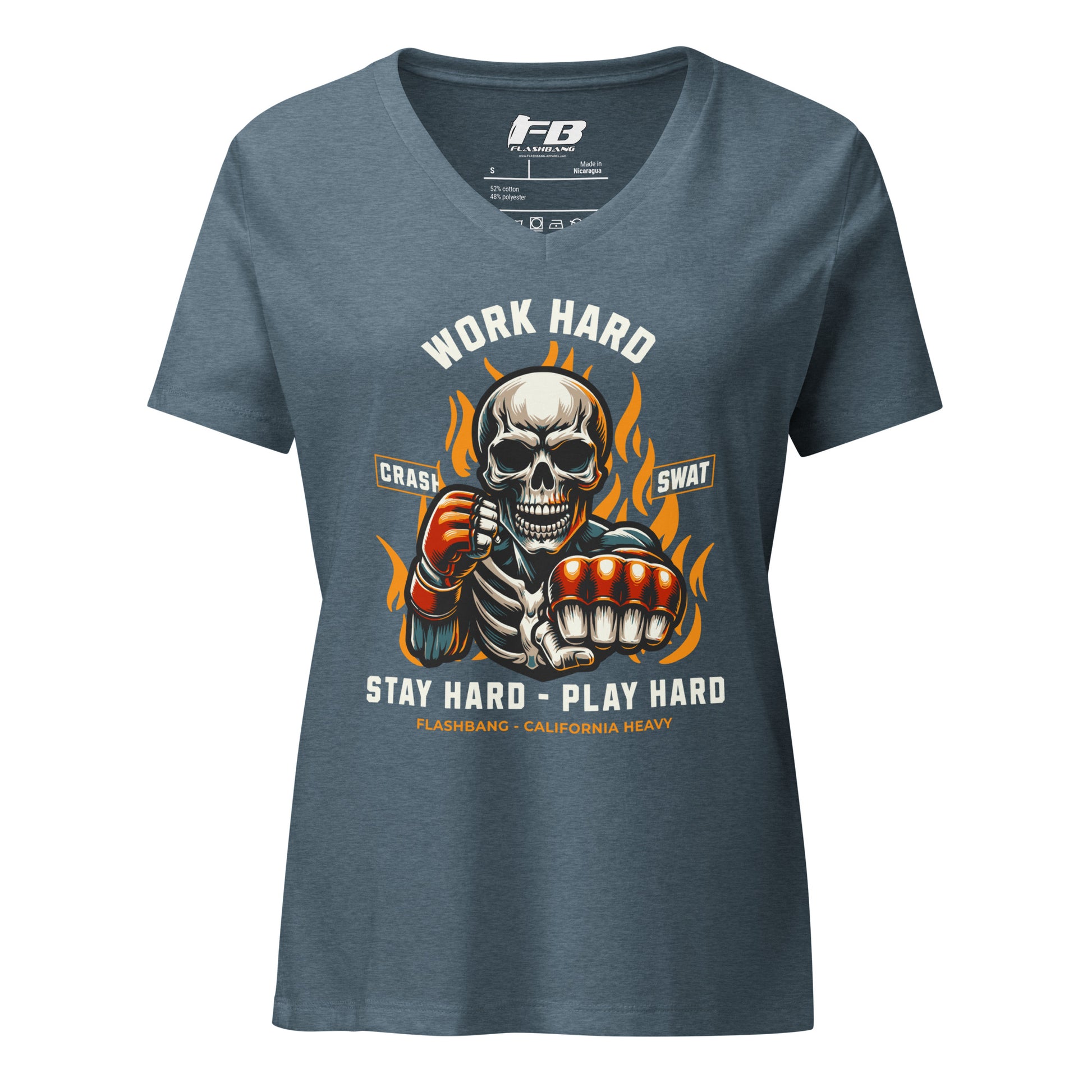 Blue t-shirt with a skeleton design and motivational text on a white background