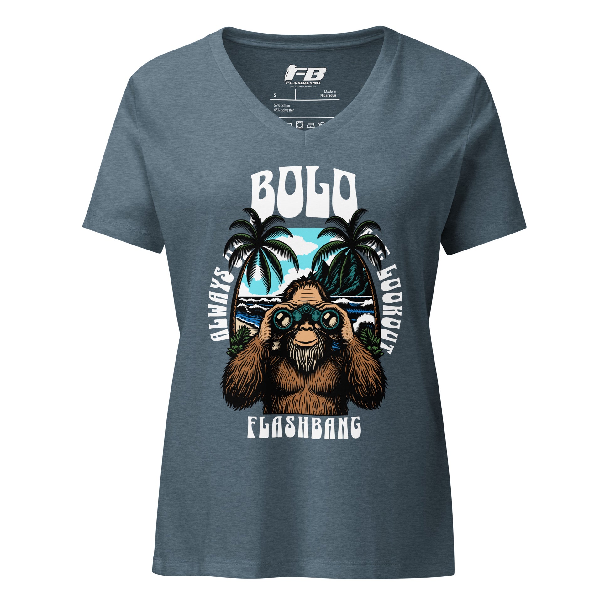 Gray t-shirt with a graphic design of a bear wearing sunglasses and palm trees, with 'Bolo Flashbang' text.