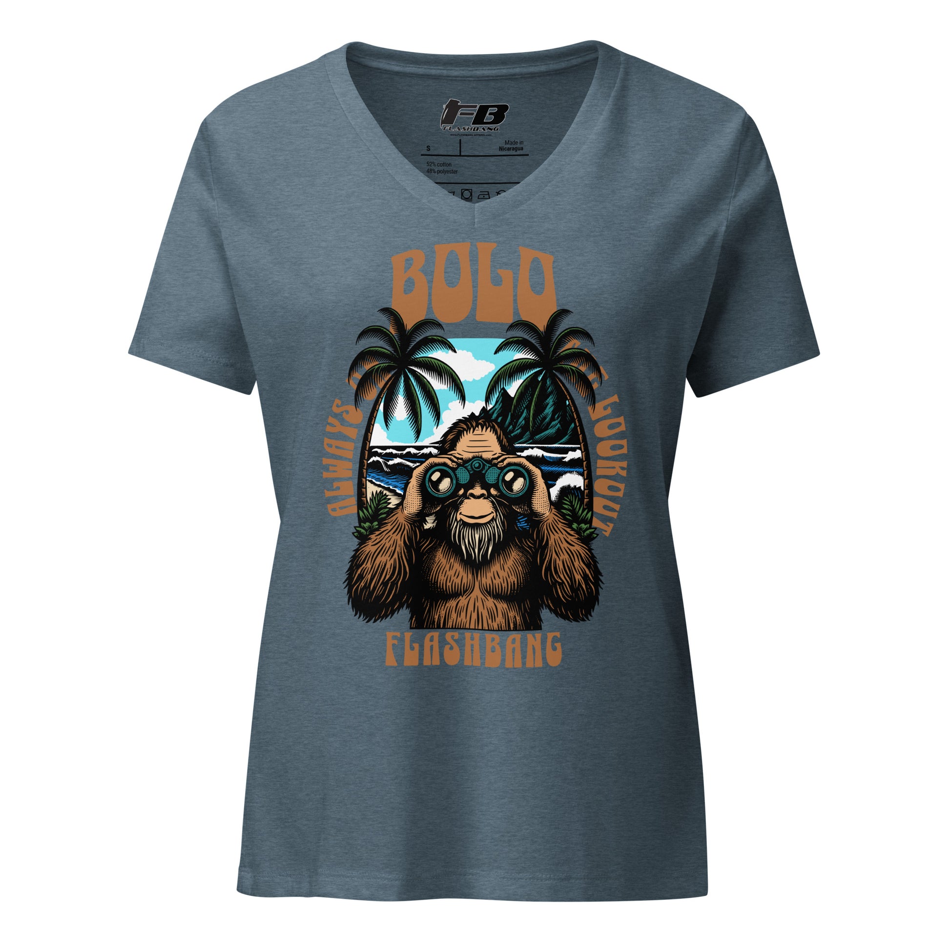 Blue t-shirt with a graphic of a bear wearing binoculars and palm trees, with text 'Bolo Flashbang' on a white background.