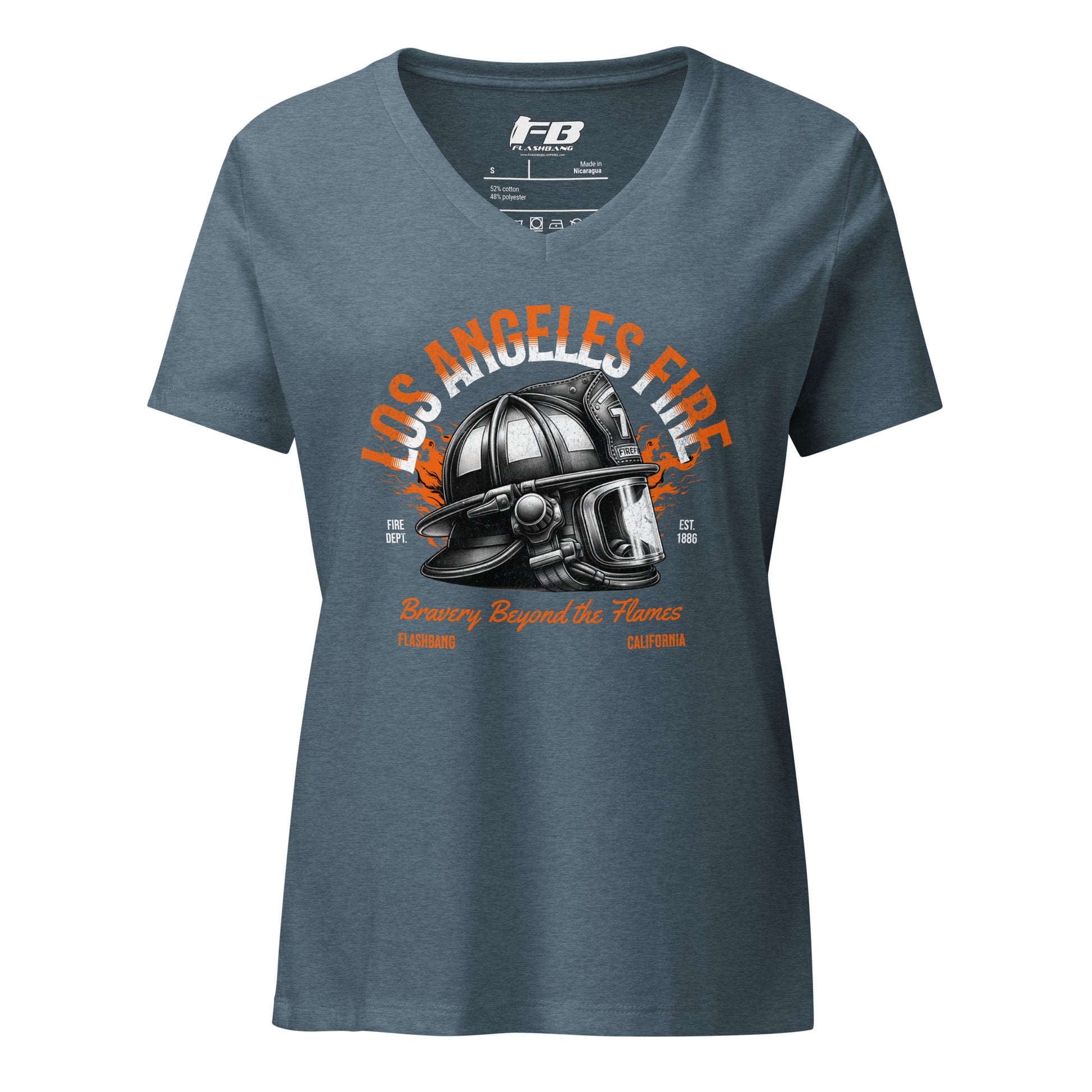 Blue t-shirt with Los Angeles Fire graphic design on a white background