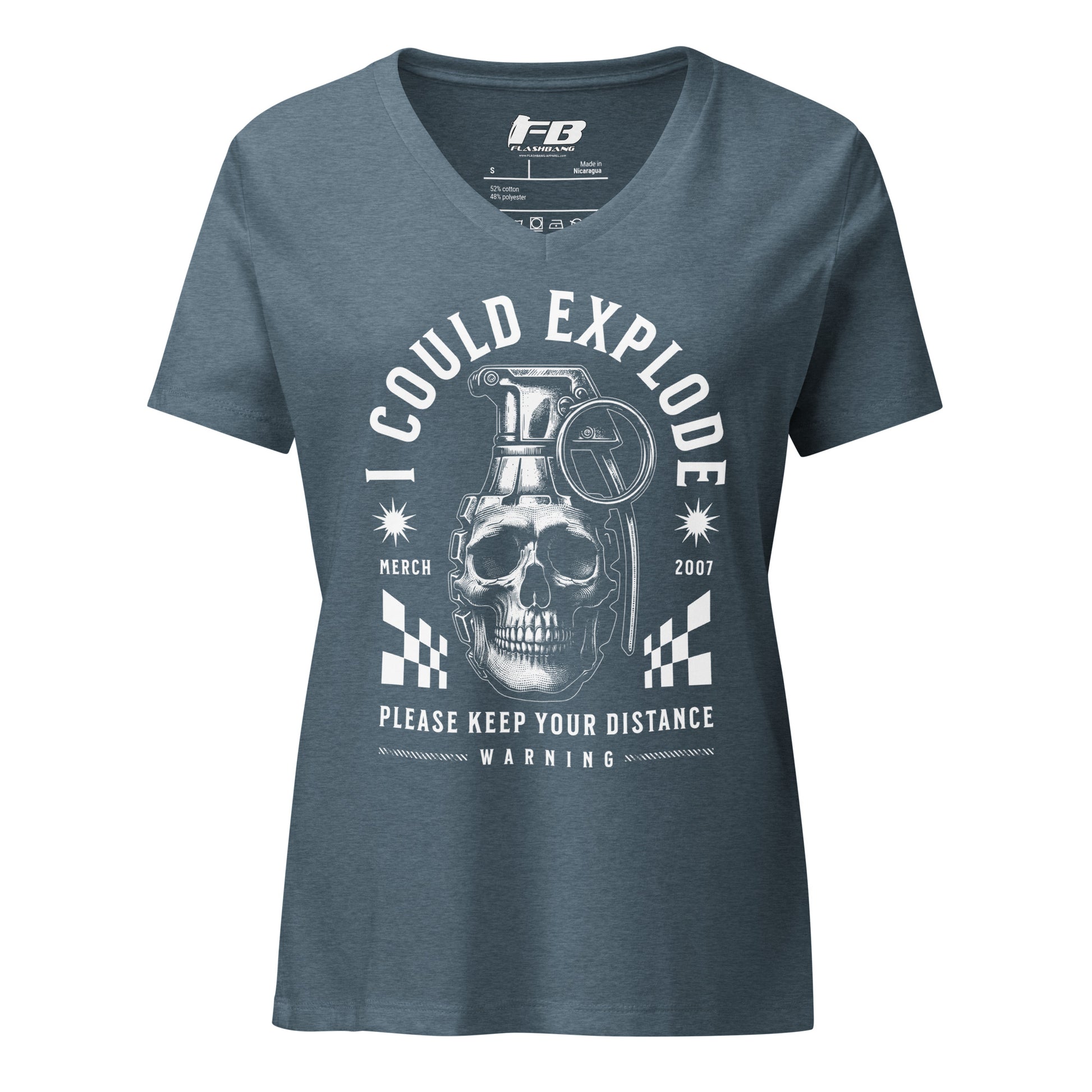 Blue t-shirt with graphic design and text on a white background