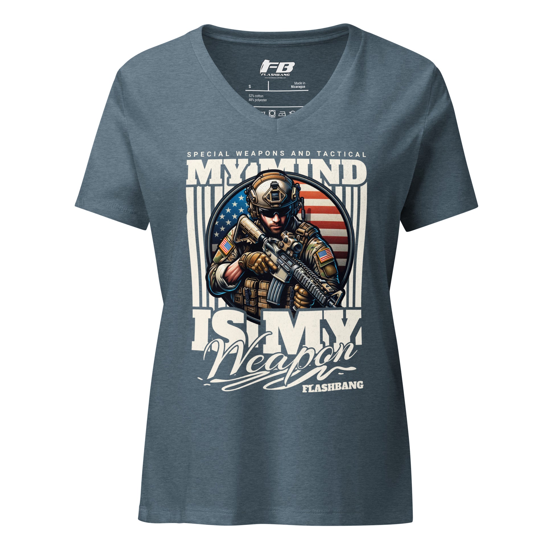 Gray t-shirt with graphic design of a soldier and text on a white background