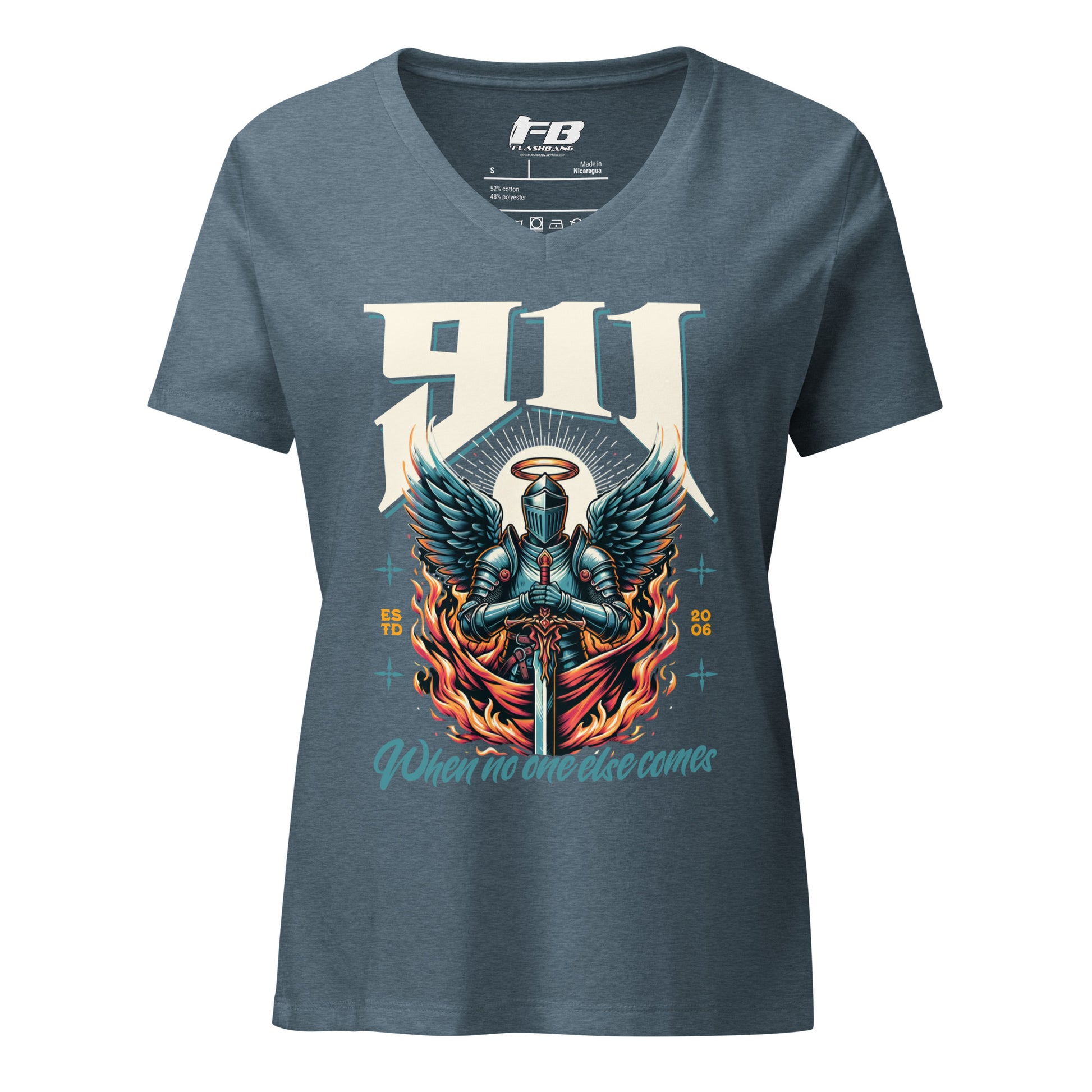 Gray t-shirt with a graphic design of a knight and text on a white background