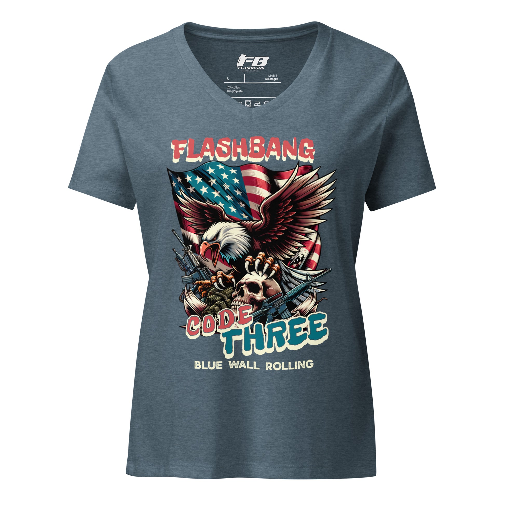 Gray t-shirt with 'Flashbang Code Three' graphic design featuring an eagle and American flag on a white background.