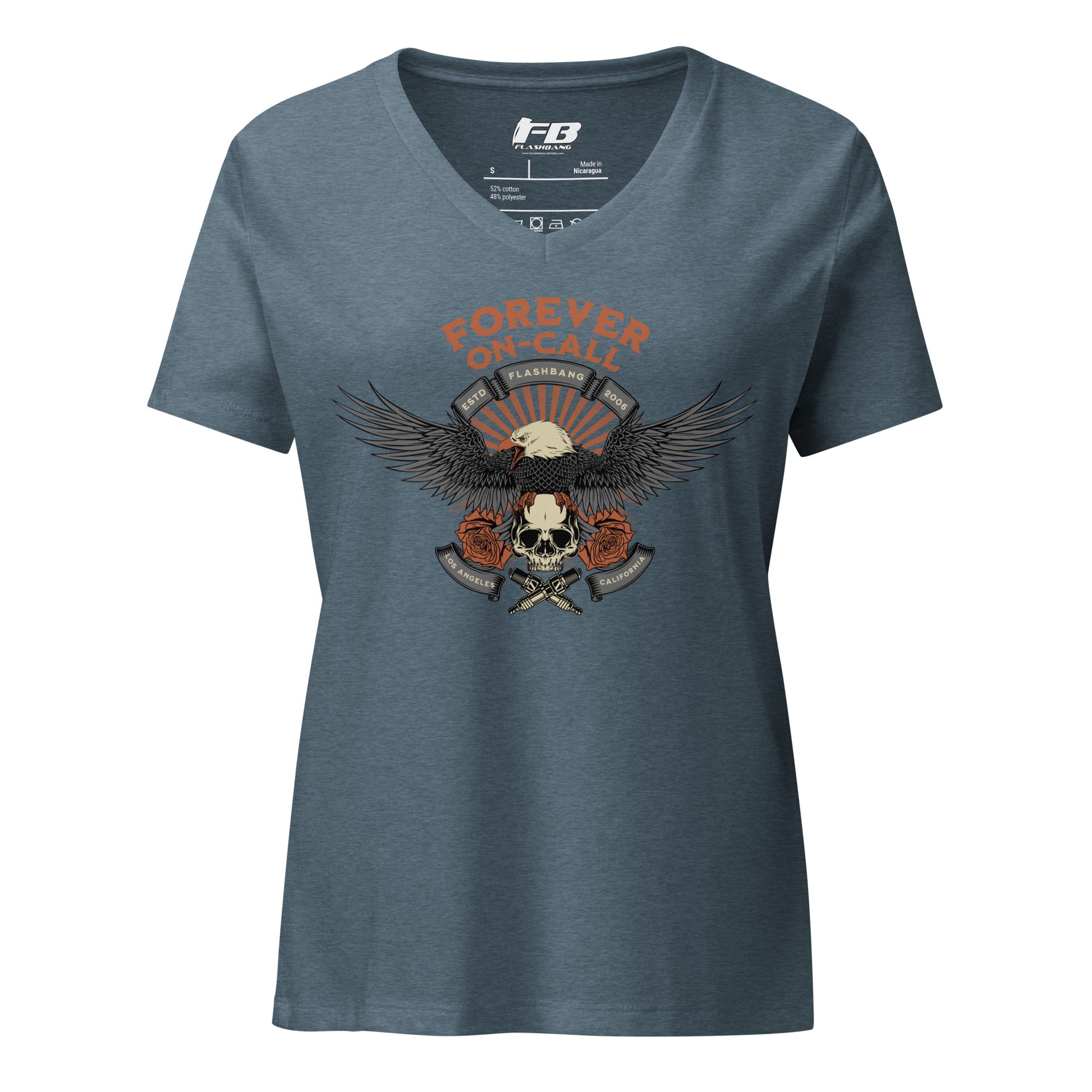 Blue t-shirt with an eagle and skull design on a white background