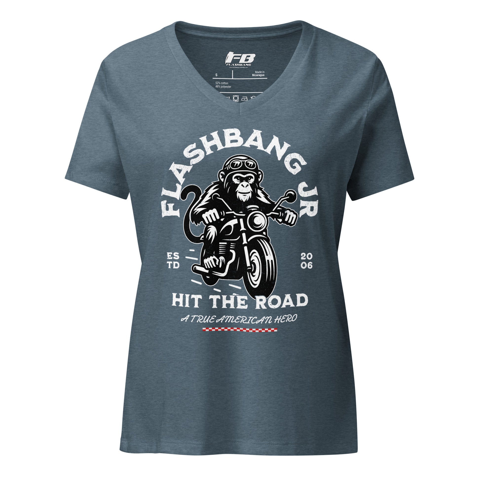Blue t-shirt with monkey on a motorcycle graphic and text on a white background