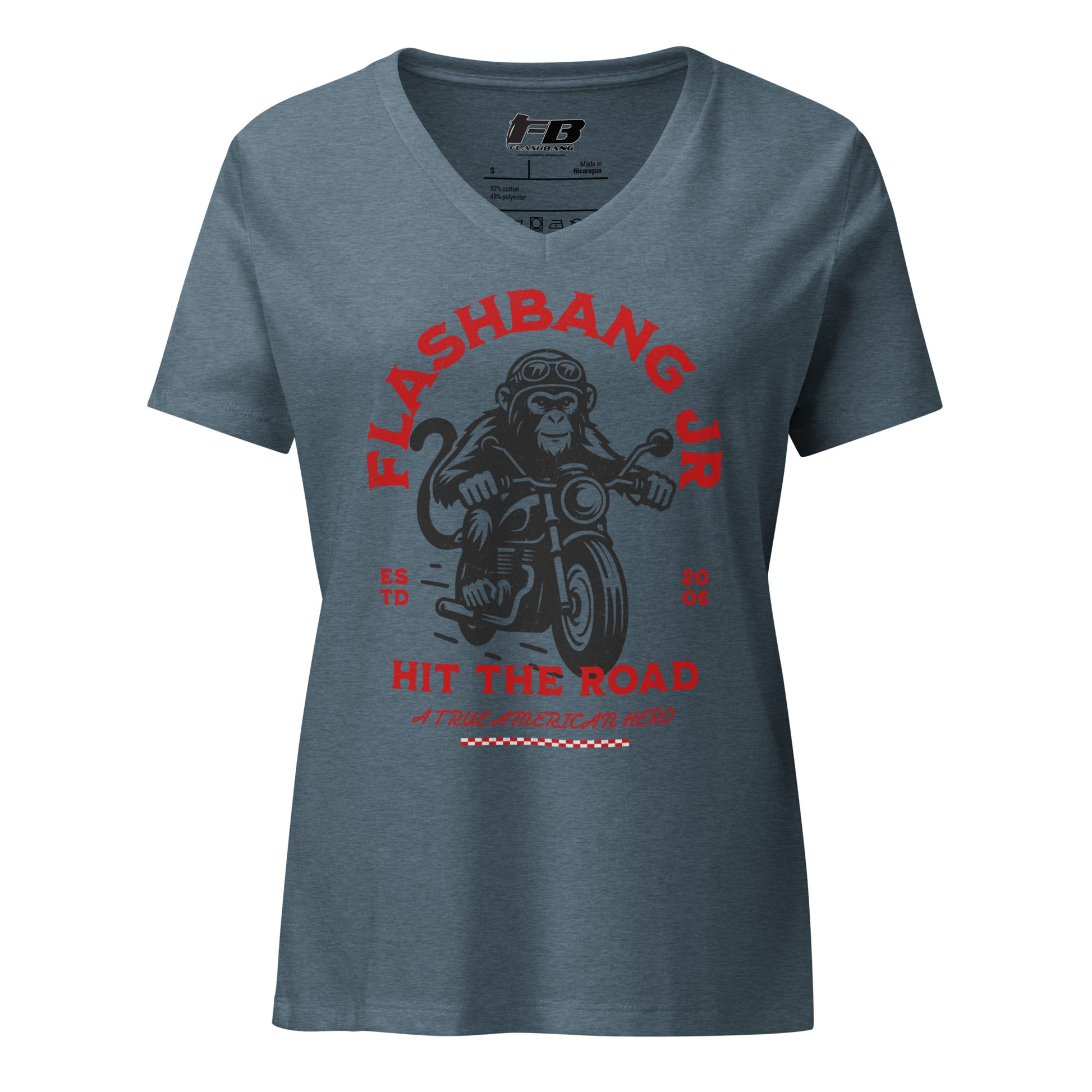 Blue t-shirt with monkey on a motorcycle graphic and 'Flashbang Jr' text on a white background