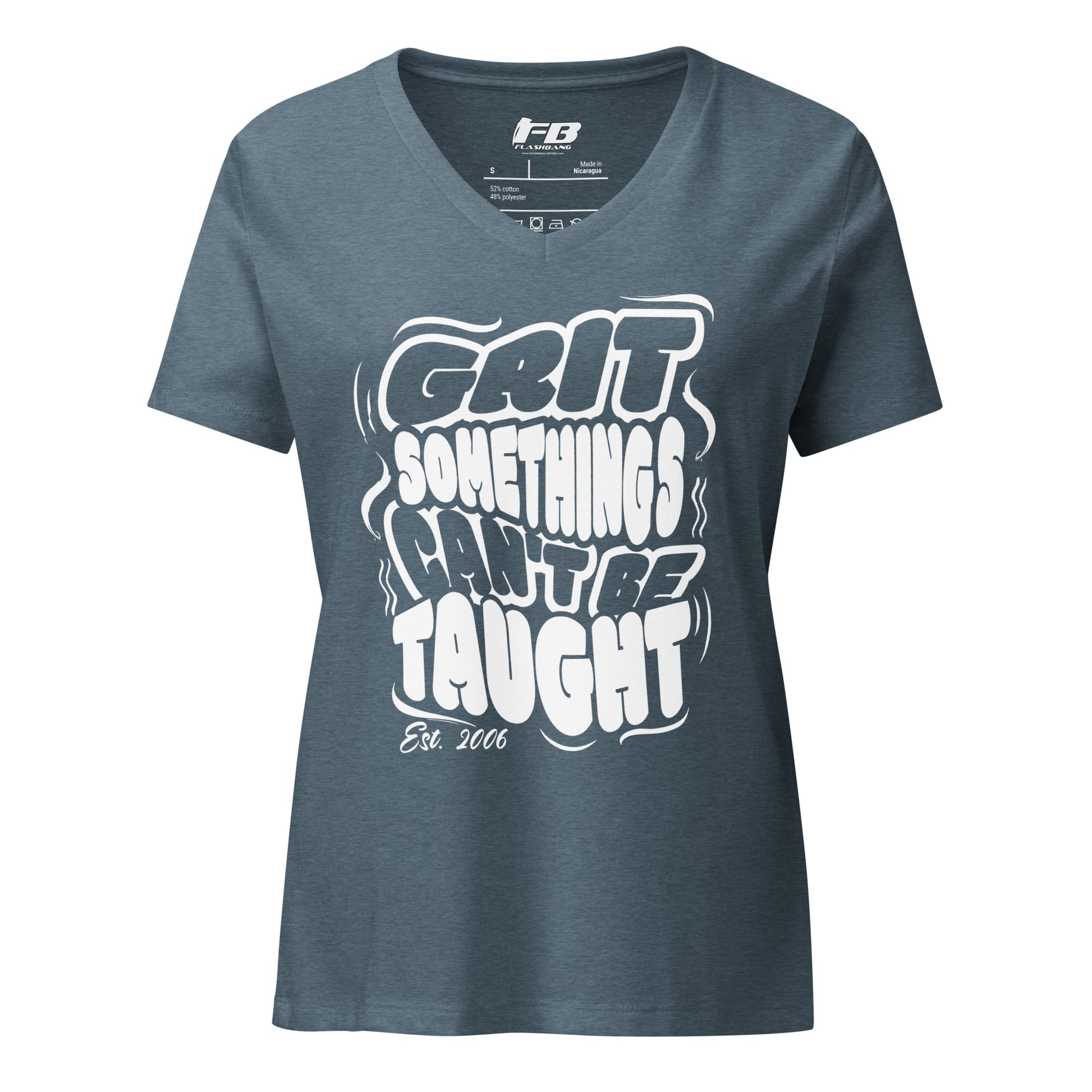 Blue t-shirt with white text on a white background