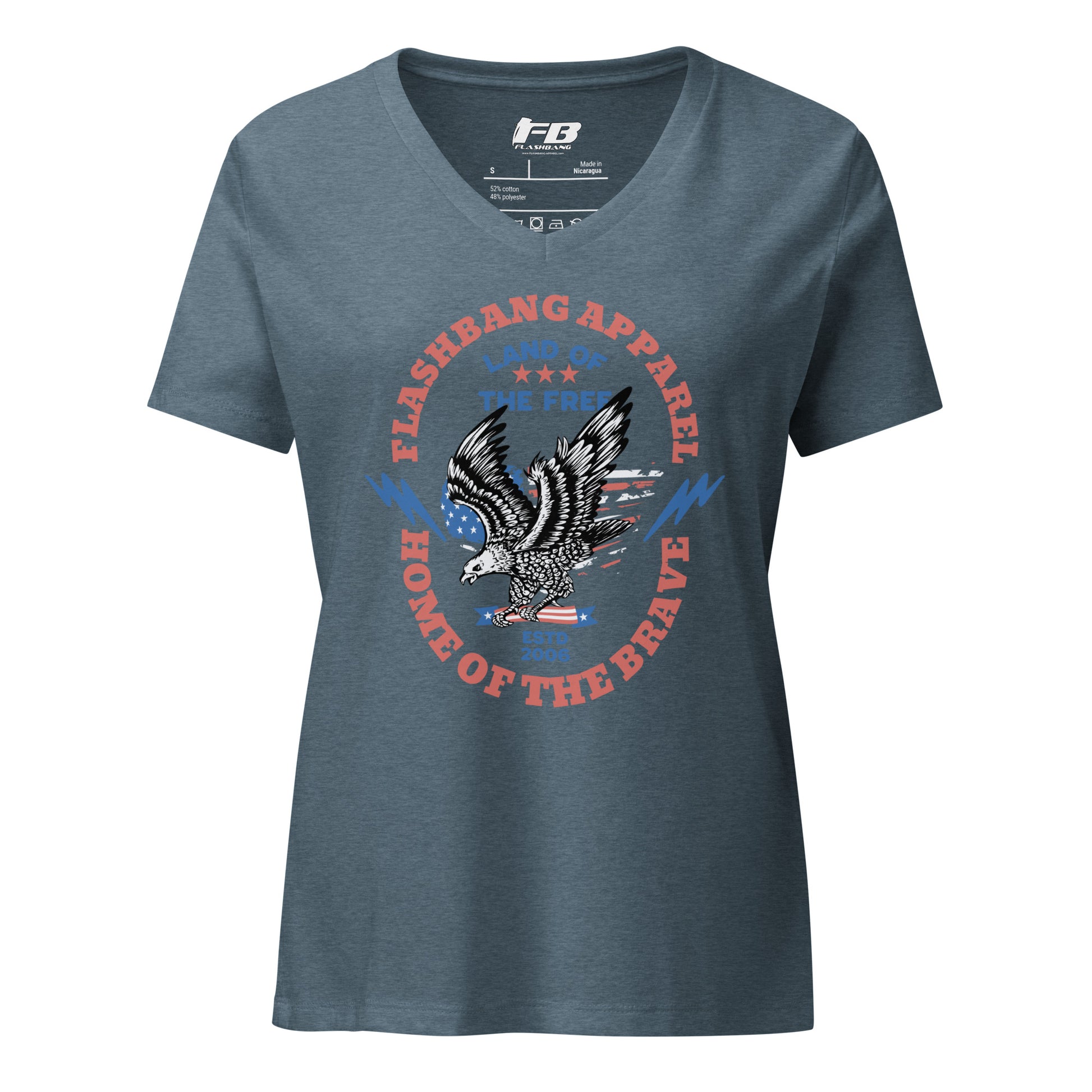 Blue t-shirt with an eagle graphic and text on a white background