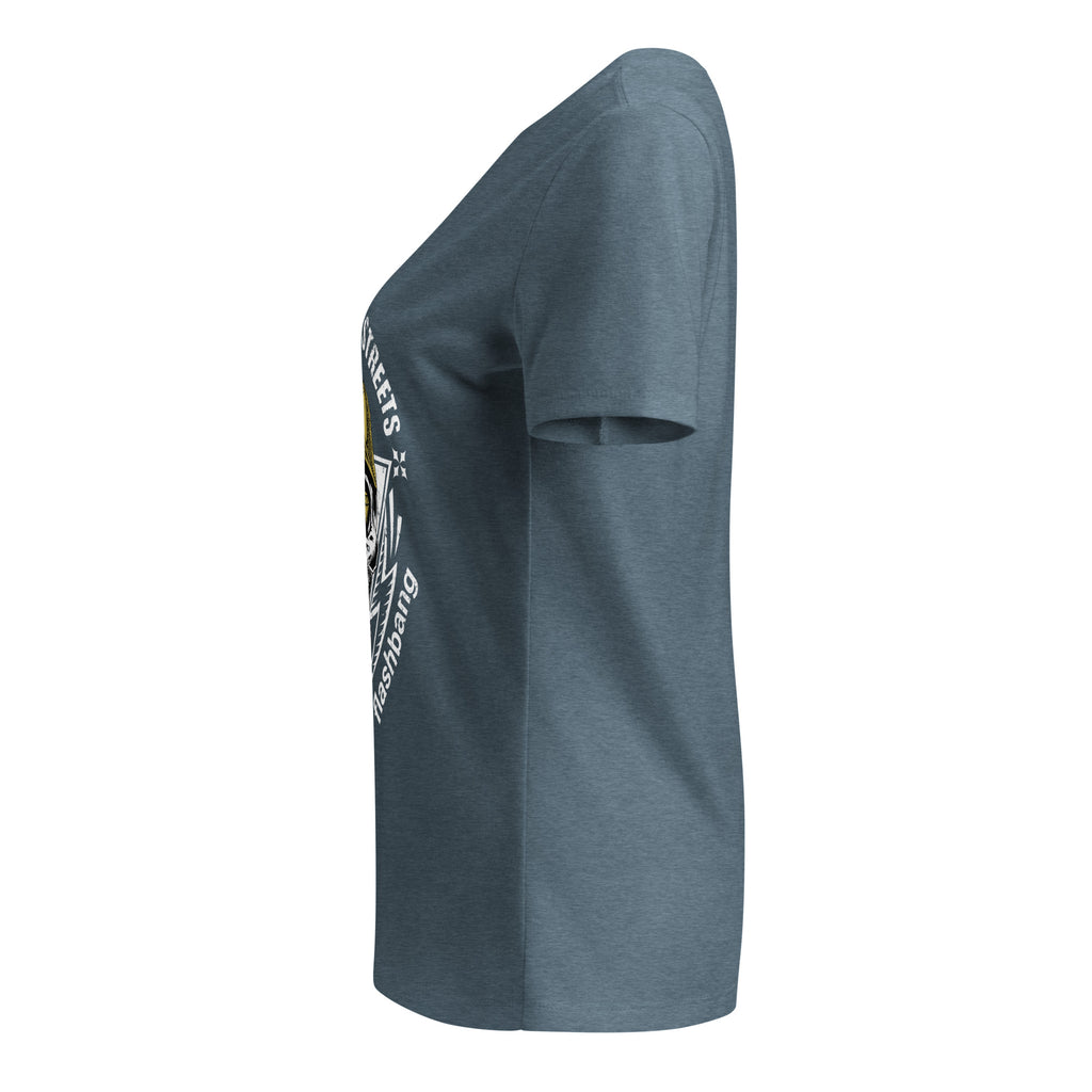 Gray t-shirt with a logo on the sleeve against a white background