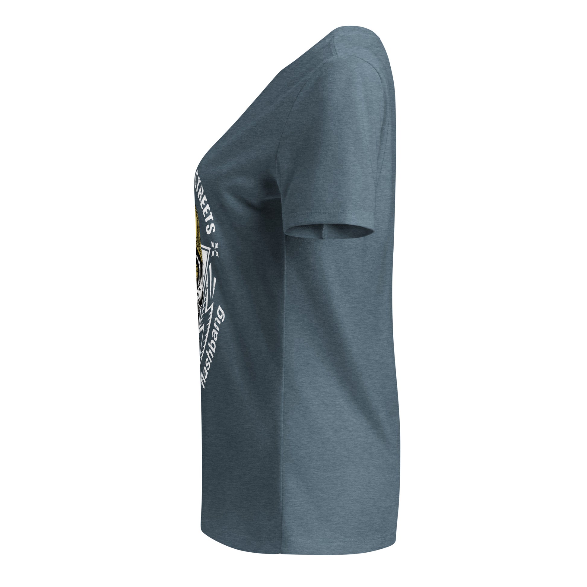 Gray t-shirt with a logo on the sleeve against a white background