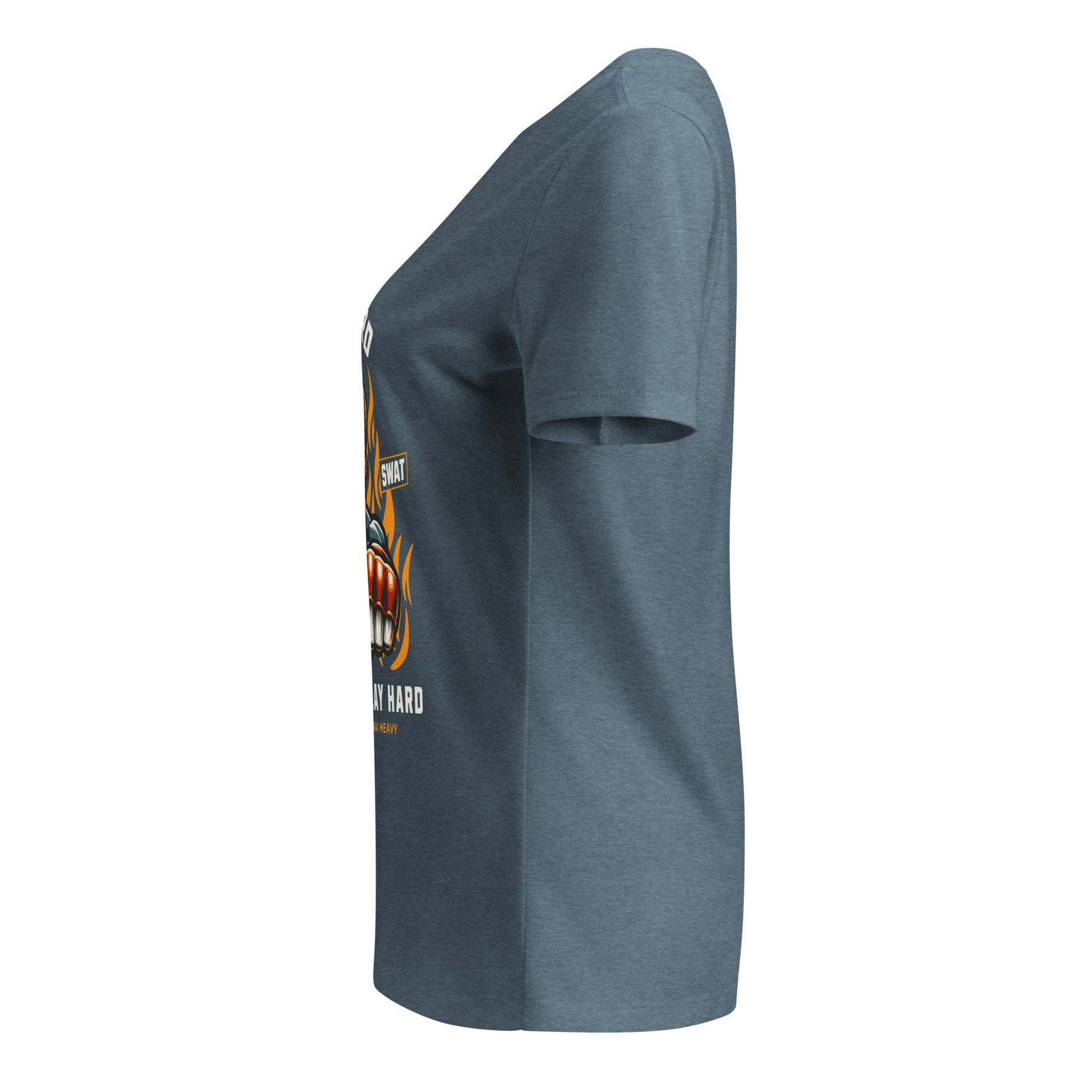 Gray t-shirt with a graphic design on the sleeve against a white background