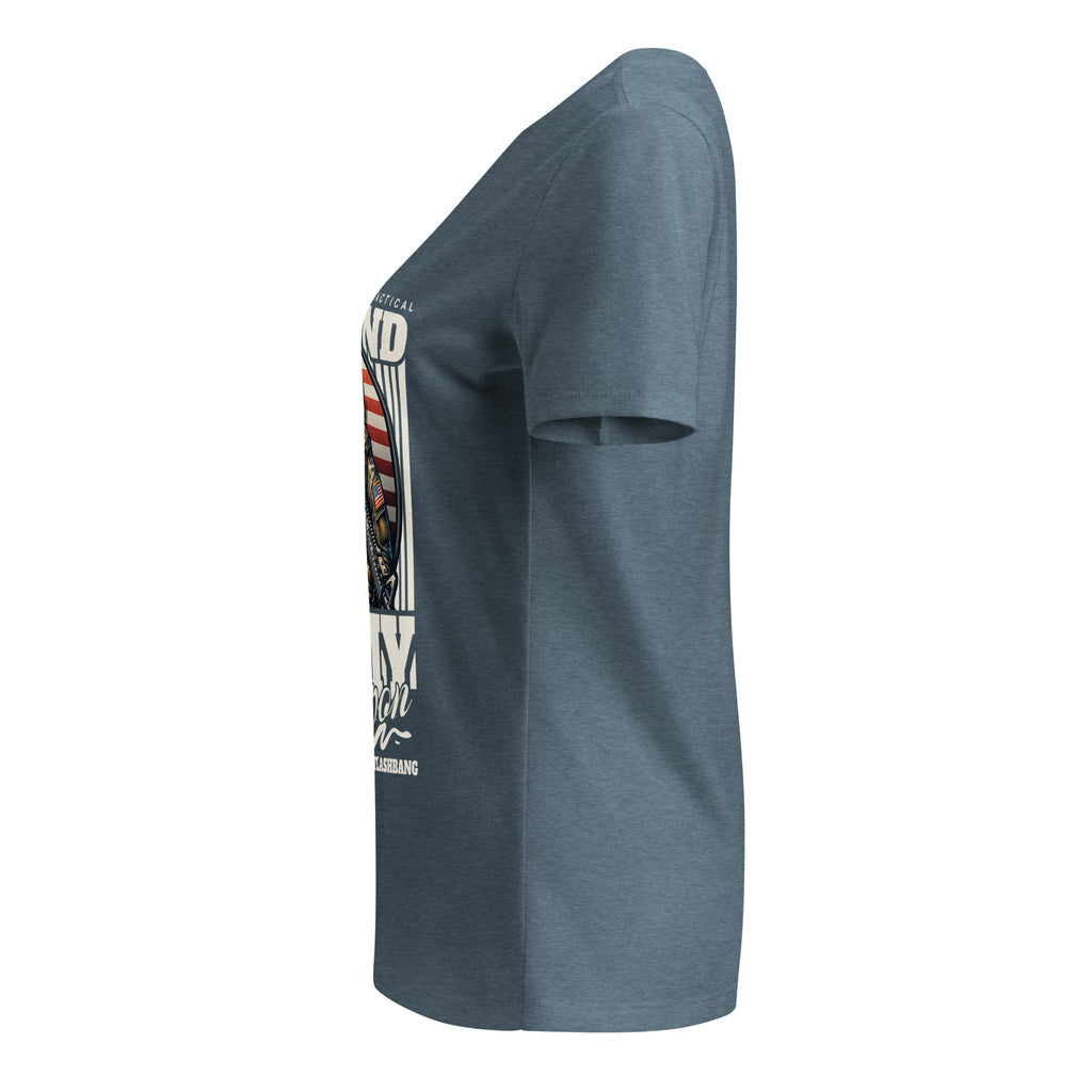 Blue t-shirt with a graphic design on the sleeve against a white background