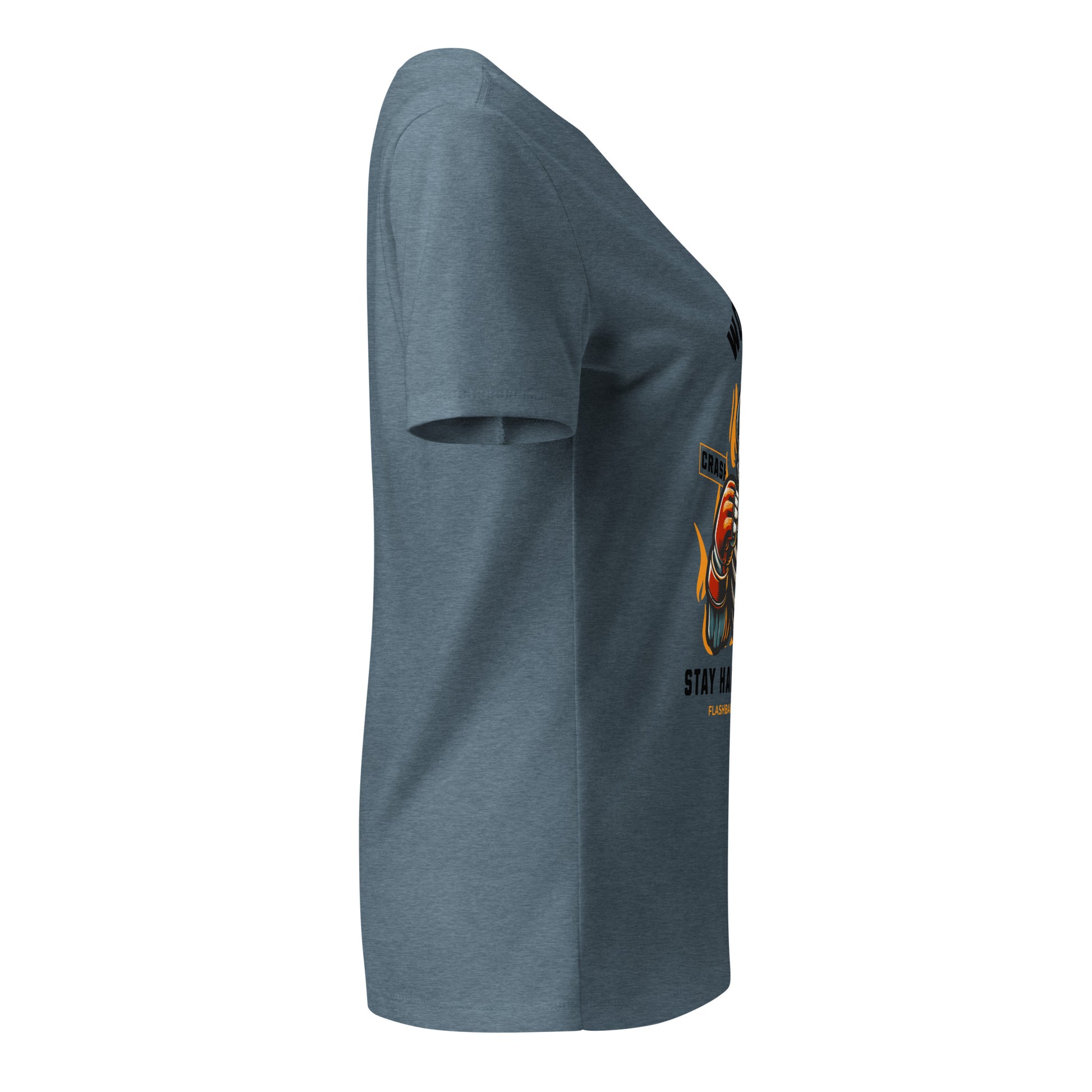 Gray t-shirt with a graphic design on the sleeve against a white background