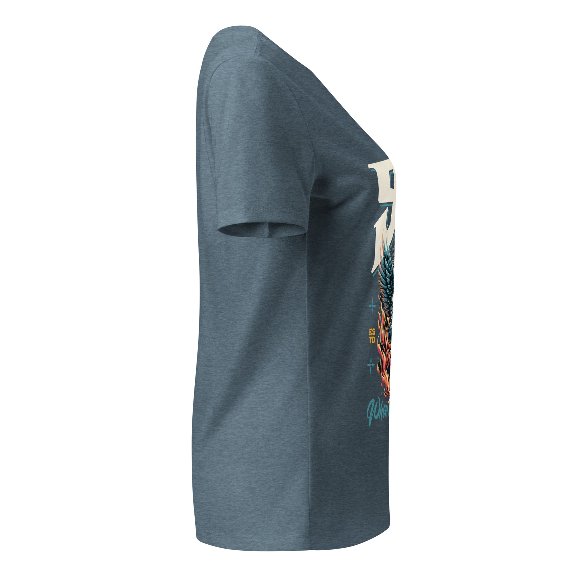 Gray t-shirt with a colorful graphic on the sleeve against a white background