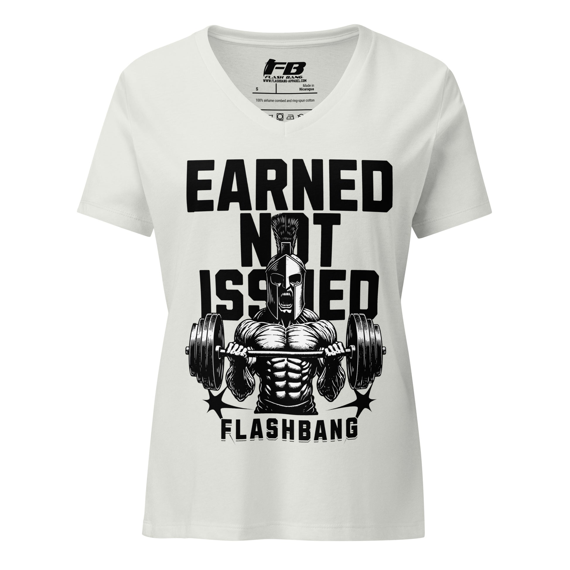 White t-shirt with graphic design and text 'Earned Not Issued Flashbang' on a white background