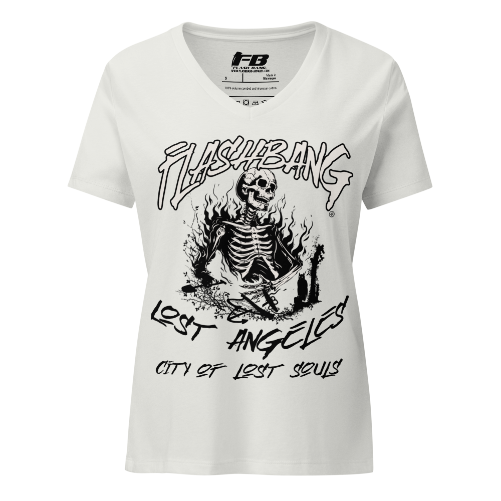 White t-shirt with black graphic design and text on a white background