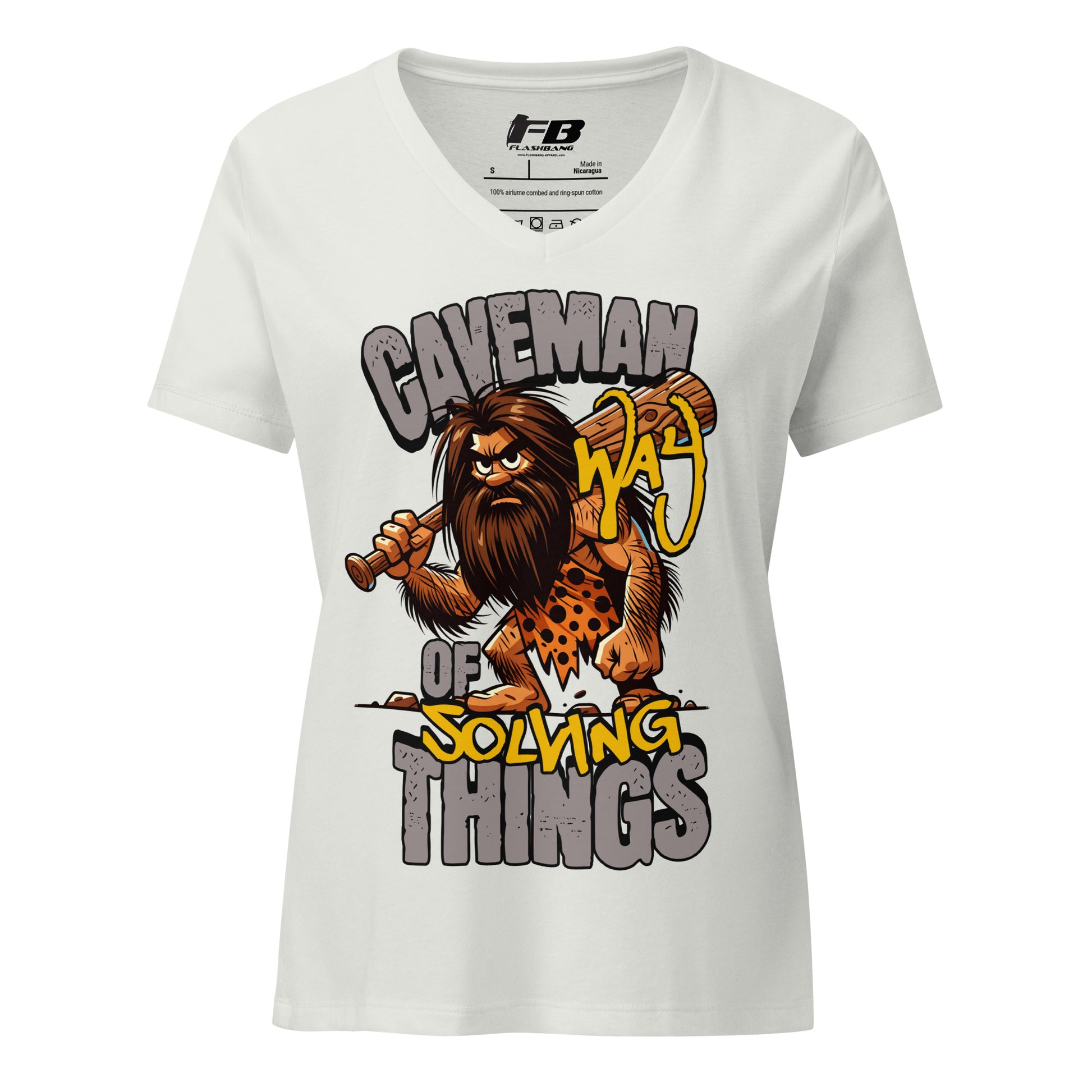 White t-shirt with a cartoon caveman design and text on a white background