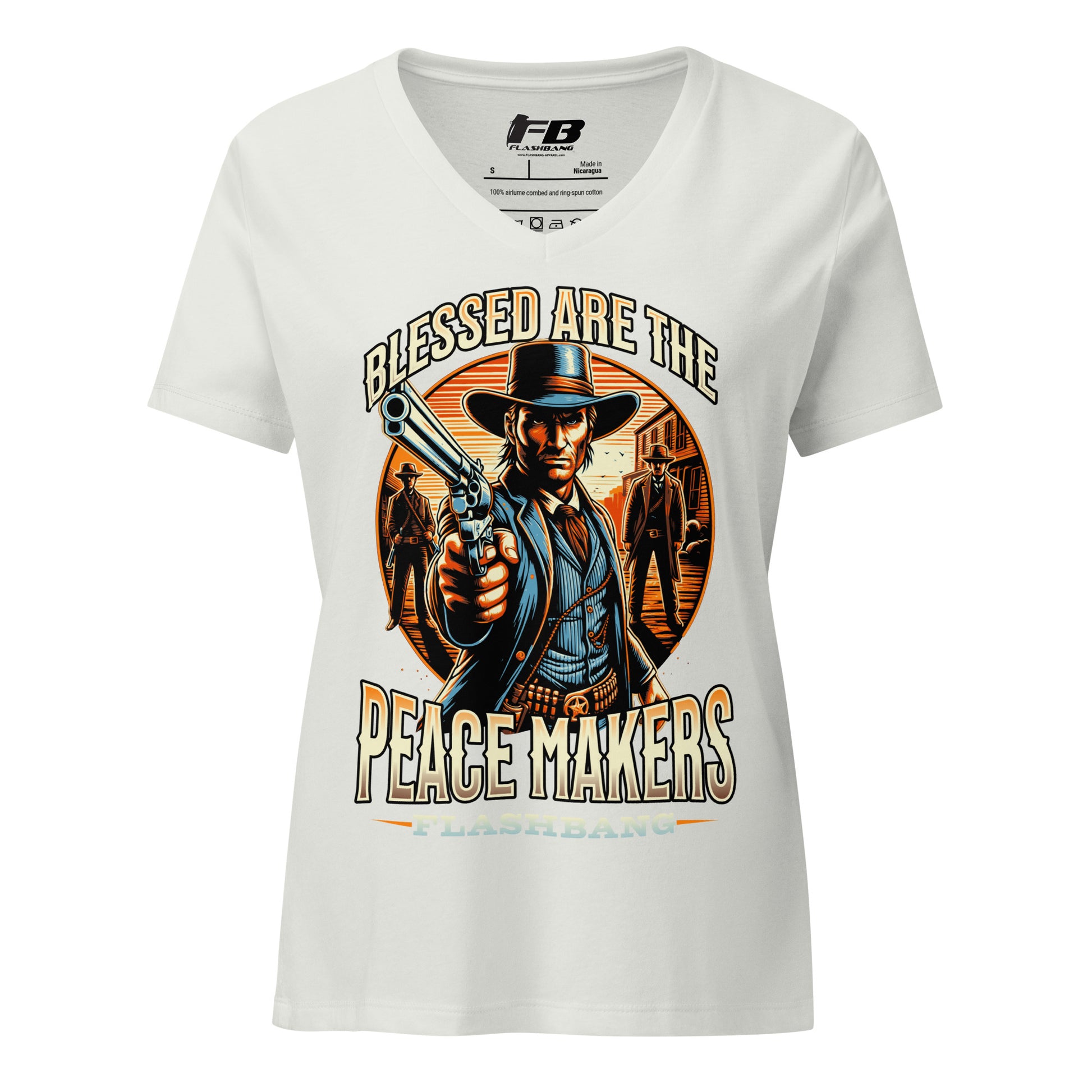 White t-shirt with a graphic design of a cowboy holding a gun and text 'Blessed are the Peacemakers' on a white background.