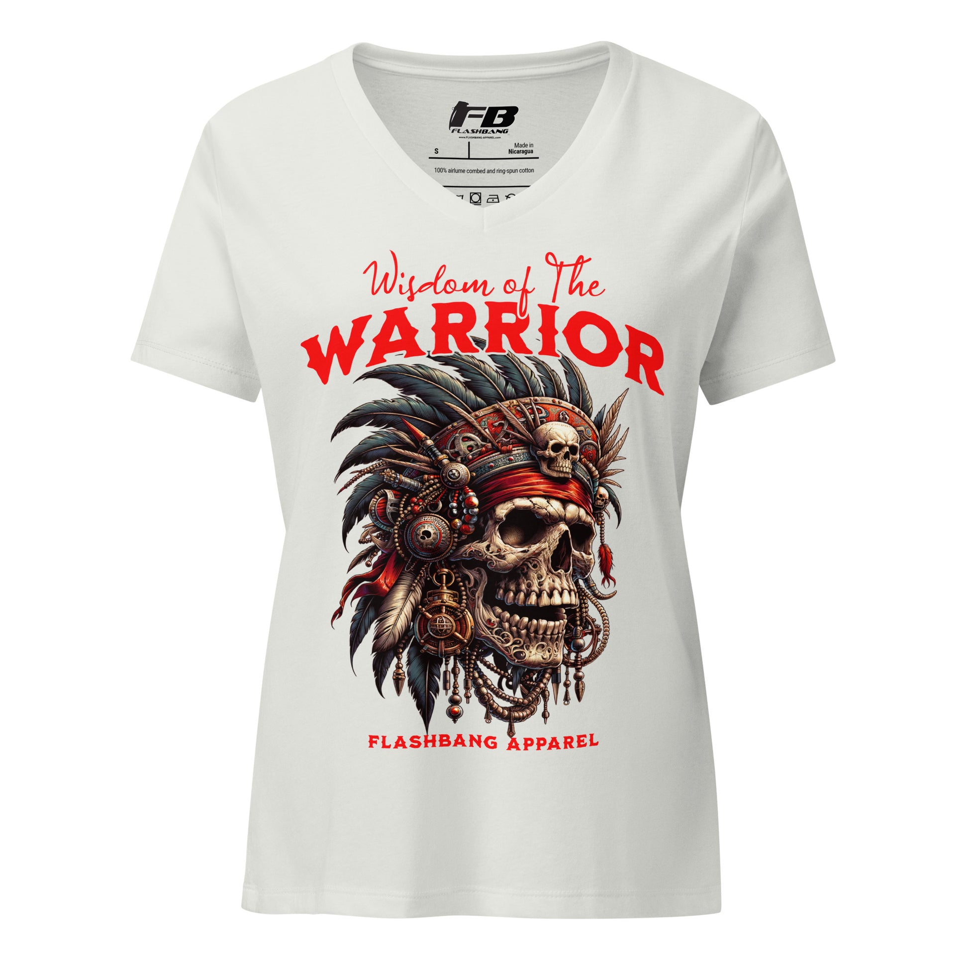 White t-shirt with a warrior-themed design and 'Flashbang Apparel' branding on a white background
